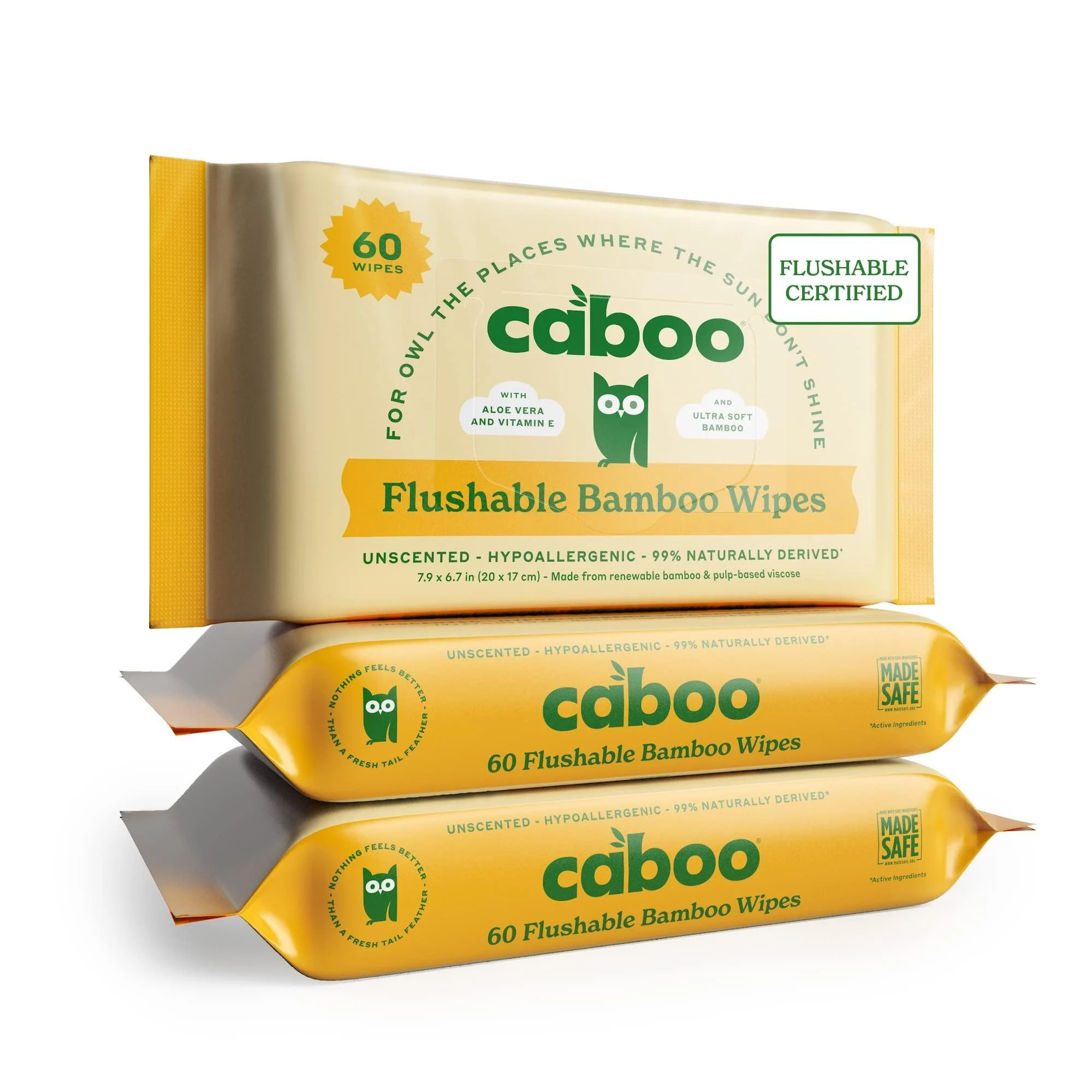 Caboo Bamboo Flushable Wipes, Flushable Certified, Septic Safe, Eco Friendly, Biodegradable Wipes for Adults and Kids, 60 Count Travel Packs, Pack of 3, Total of 180 Flushable Wipes