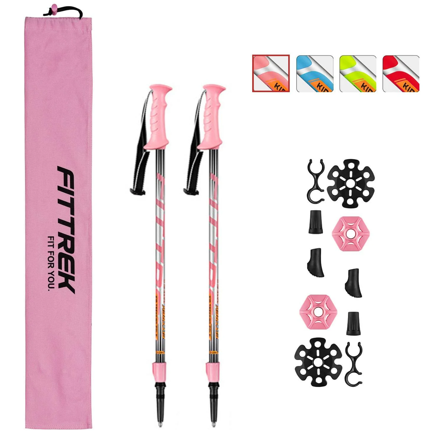 FitTrek hiking sticks children - trekking sticks - Walking sticks telescopic - Nordic walking stock adjustable easy with rubber buffer pads and bag children pink