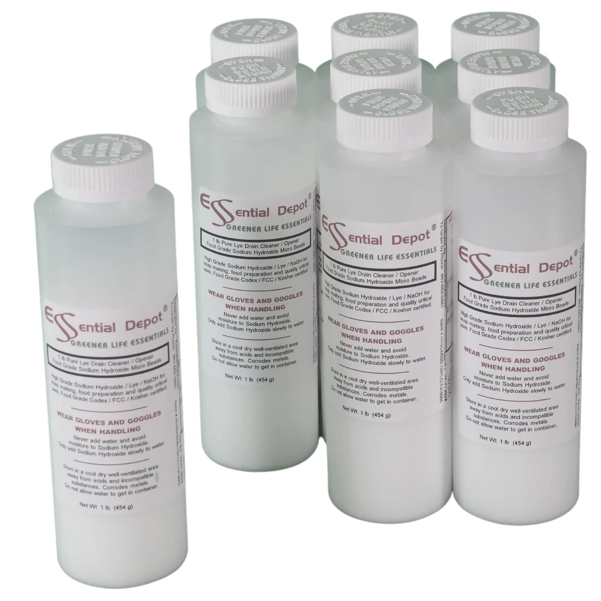 9 lbs Food Grade Sodium Hydroxide Lye Evenly-Sized Micro Pels (Beads or Particles) - 9 x 1 lb Bottles - Lye Drain Cleaner - FREE SHIPPING