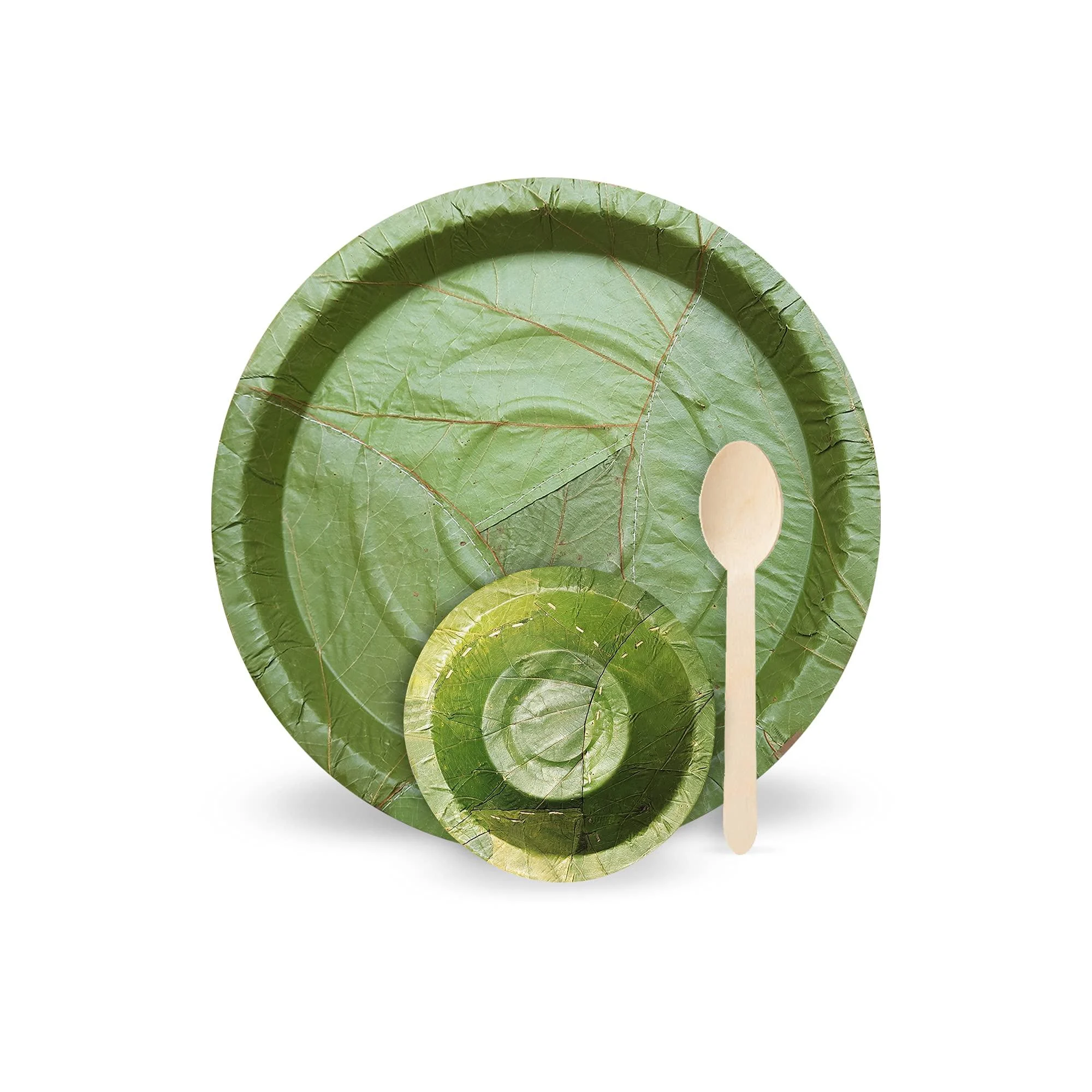 Palash Pack of 75 | Sal Leaf Dinnerware Set Eco-Friendly | 9" Plates + 4" Soup Bowl (4oz/120 ml) + Spoon | Sustainable Tableware for Theme Parties and Weddings 9" Plate + 4" Bowl + Spoon | Pack of 75