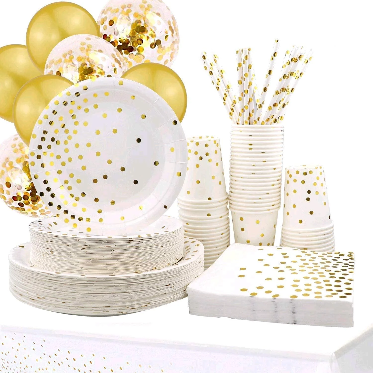 310PCS White and Gold Party Supplies - Disposable Paper Plates Dinnerware Set Rose Gold Dots 50 Dinner Plates 50 Dessert Plates 50 Cups 50 Napkins 50 Straws 60 Balloons Birthday Party Wedding Holiday (White and Gold)