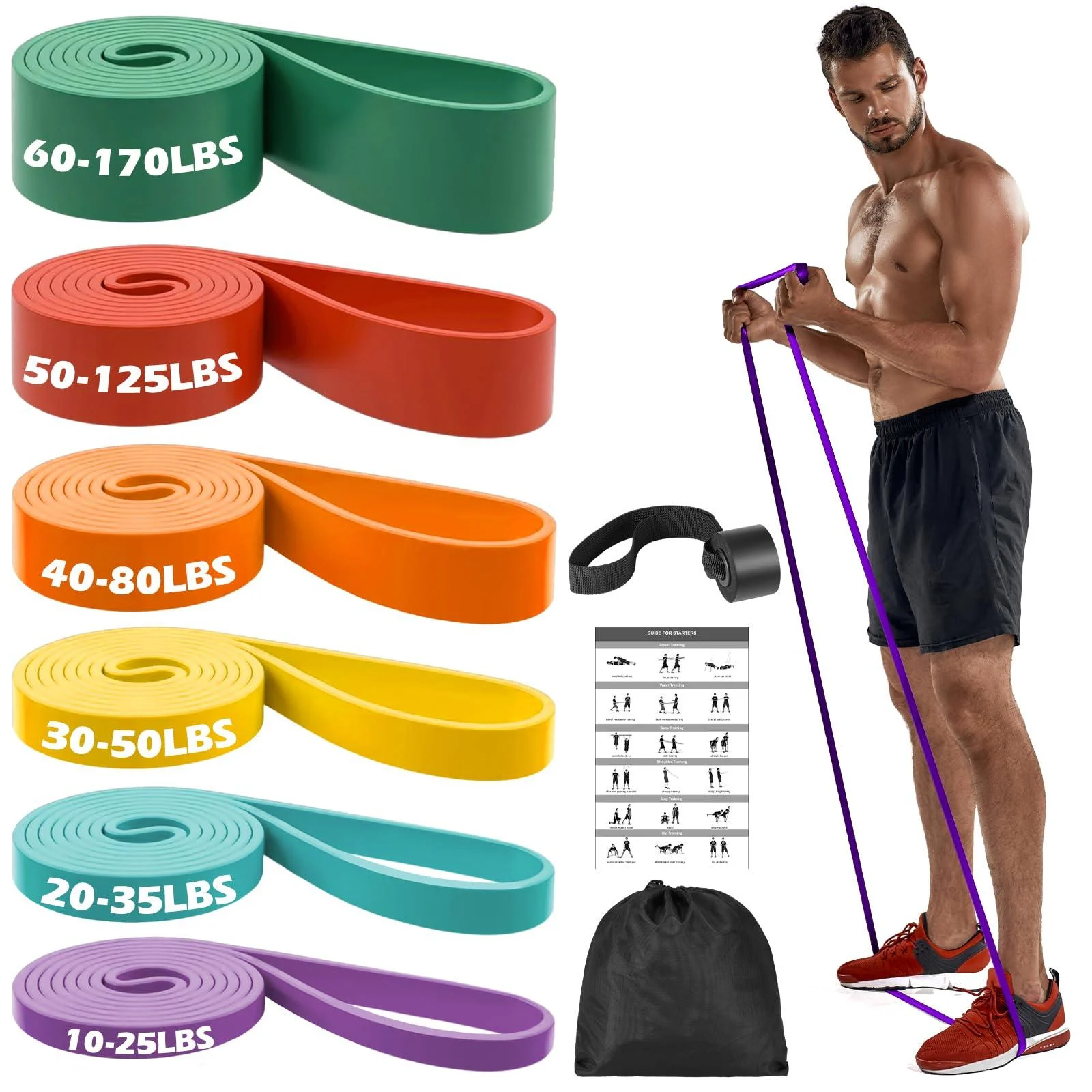 Zacro Pull Up Bands Set - 6 Levels Resistance Bands Set for Men and Women - Exercise Loop Bands with Door Anchor Training Poster & Pouch for Workout Home Gym Exercise Yoga Pull Up Assistance Bands 6 types of pounds Green+Red+Orange+Yellow+Cyan+Purple