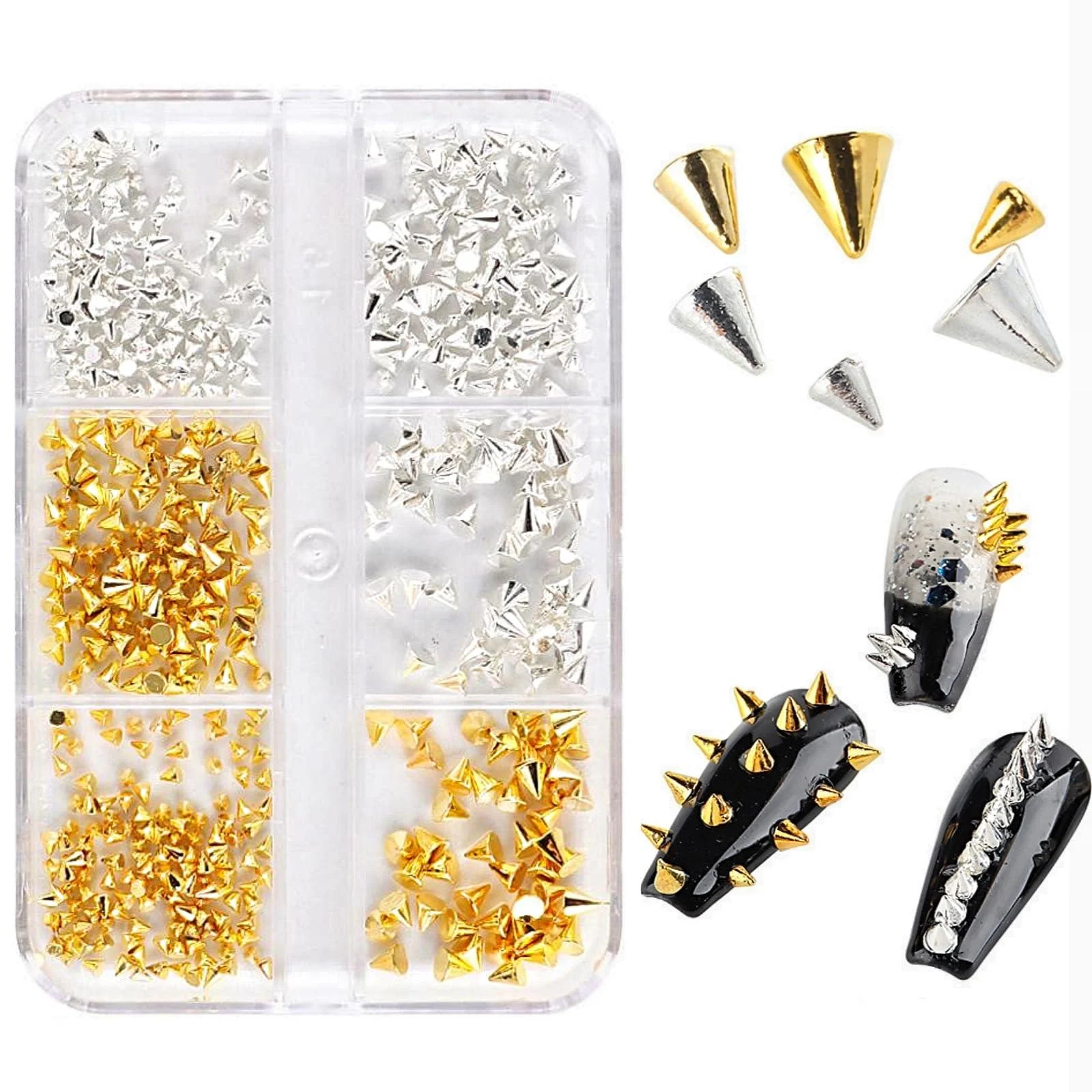 6 Grid/Box Mini Metal Rivet Punk Nail Charms - Gold and Silver Cone Nail Art Studs for Acrylic Nails Nail Jewels and DIY Crafts Alloy Spike Studs Nail Supplies for Women Girls Gold-Silver
