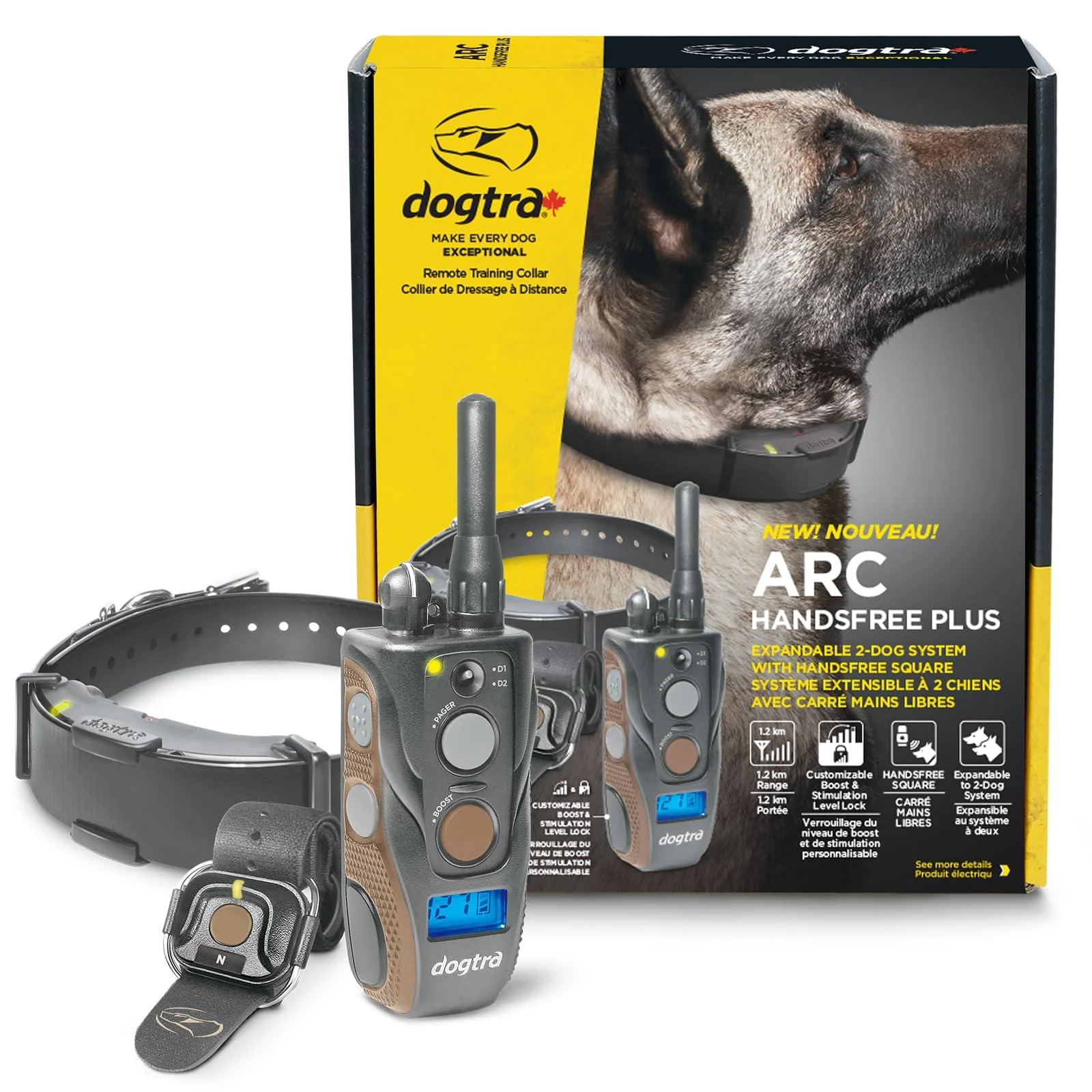 Dogtra Canada ARC HANDSFREE Plus Boost and Lock Remote Dog Training E-Collar HANDSFREE Square Waterproof 1.2KM Range 1 Dog Expandable System Medium Large Dogs with CA Warranty ARC Handsfree Plus B&L - Canada Warranty