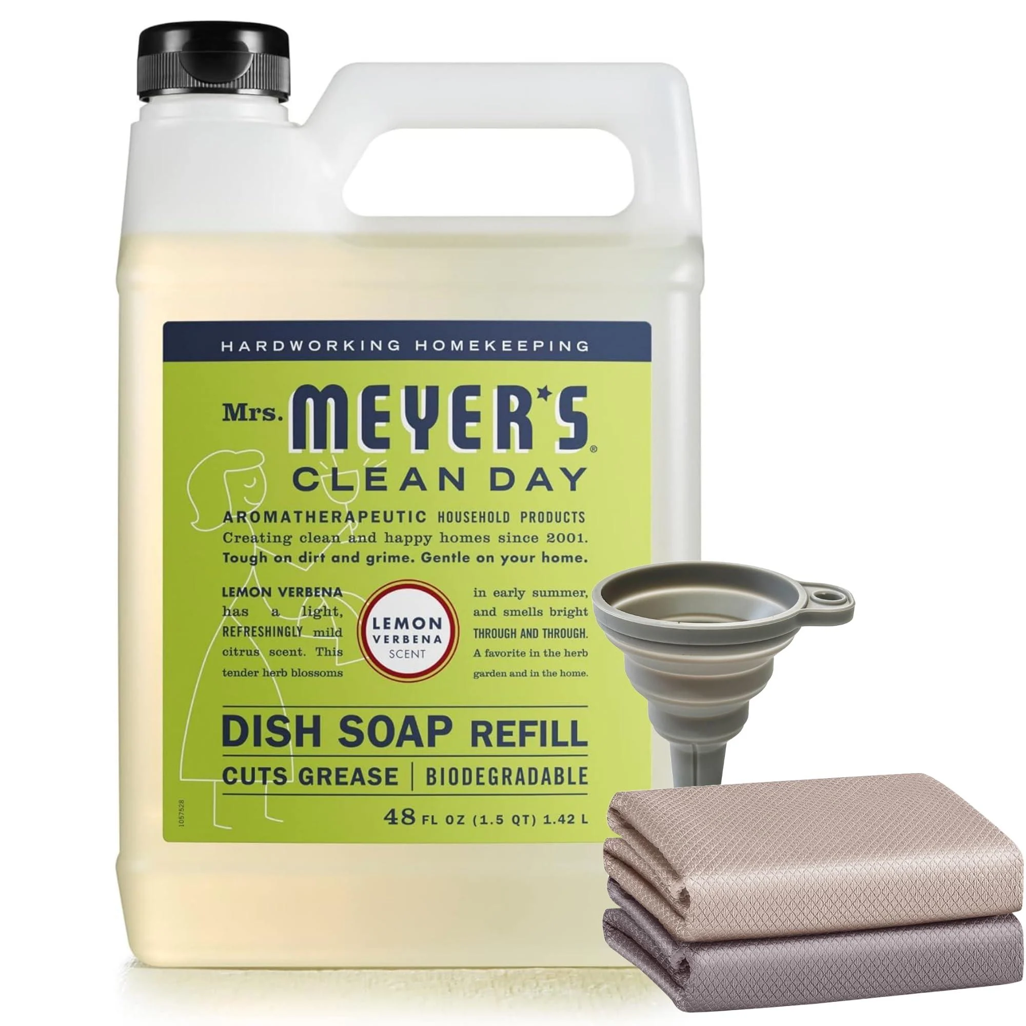 Mrs Meyers Liquid Dish Soap Refill - Lemon Verbena - 48 FL OZ. Includes (1x) Silicone Foldable Funnel (2x) Magic Cleaning Cloths - 4 Piece Set