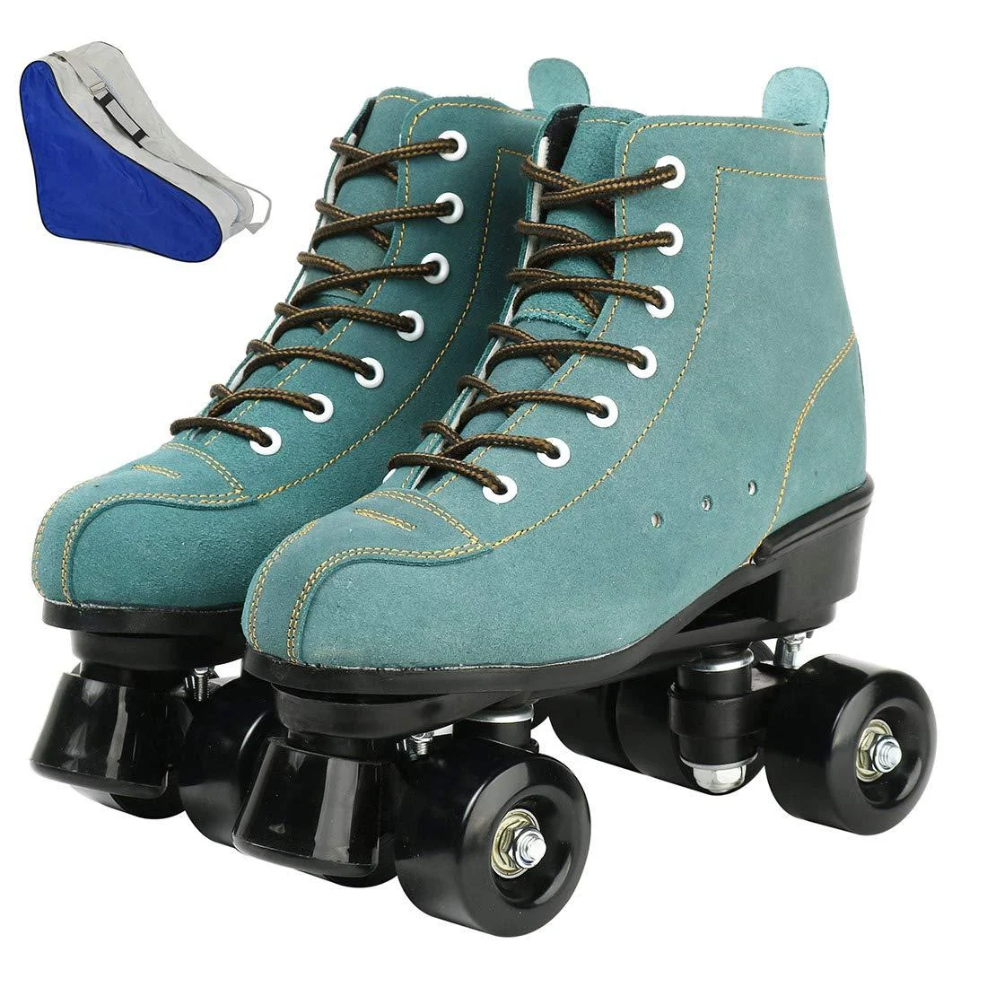XUDREZ Roller Skates PU Leather Roller Skates Four-Wheel Roller Skates Perfect Indoor Outdoor Adult Roller Skates with Bag Blue-green Women's 8.5 / Men's 7