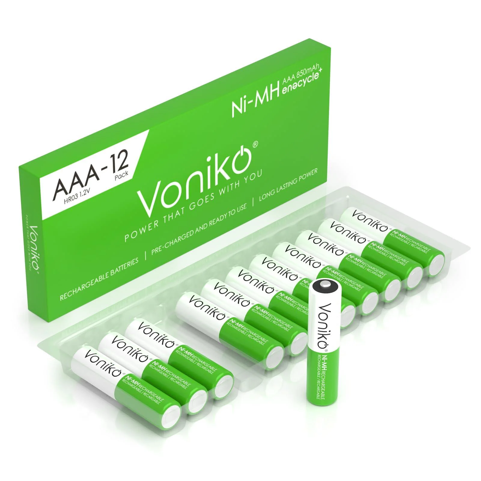 Voniko Rechargeable AAA NiMH Enecycle Triple A Batteries 12 Pack Ultra Long Lasting 850mAh Recharge up to 1000x Times Pre-Charged (1.2V)