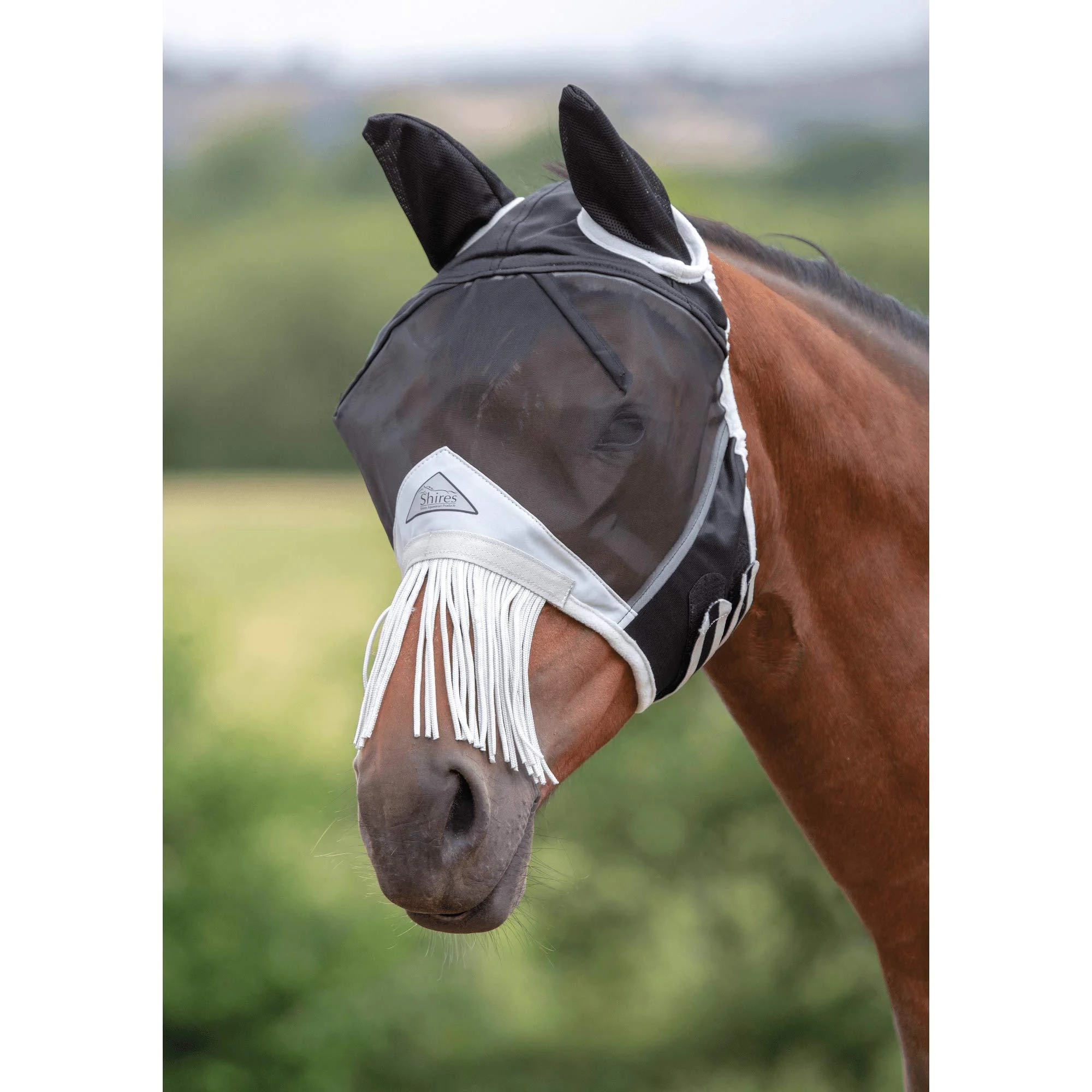 Shires Fine Mesh Fly Mask with Nose Fringe - Black Cob