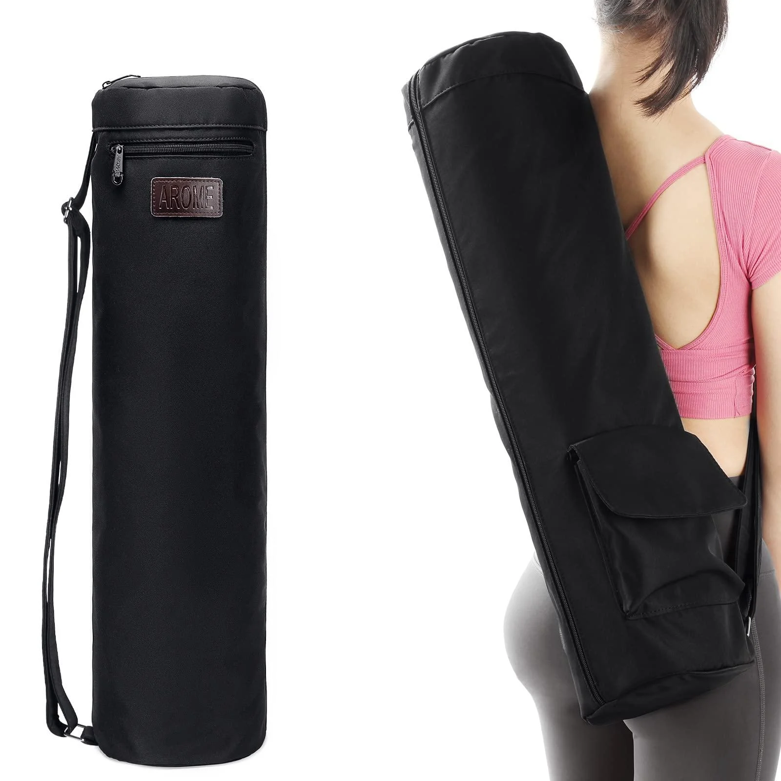 Yoga Mat Bag, AROME Waterproof Yoga Bag Mat Carrier Exercise Yoga Carrying Bag for Women Men, Full-Zip Yoga Gym Bag with 2 Multi-Functional Pockets and Adjustable Strap for 1/4 1/3 2/5 Thick Yoga Mat Black