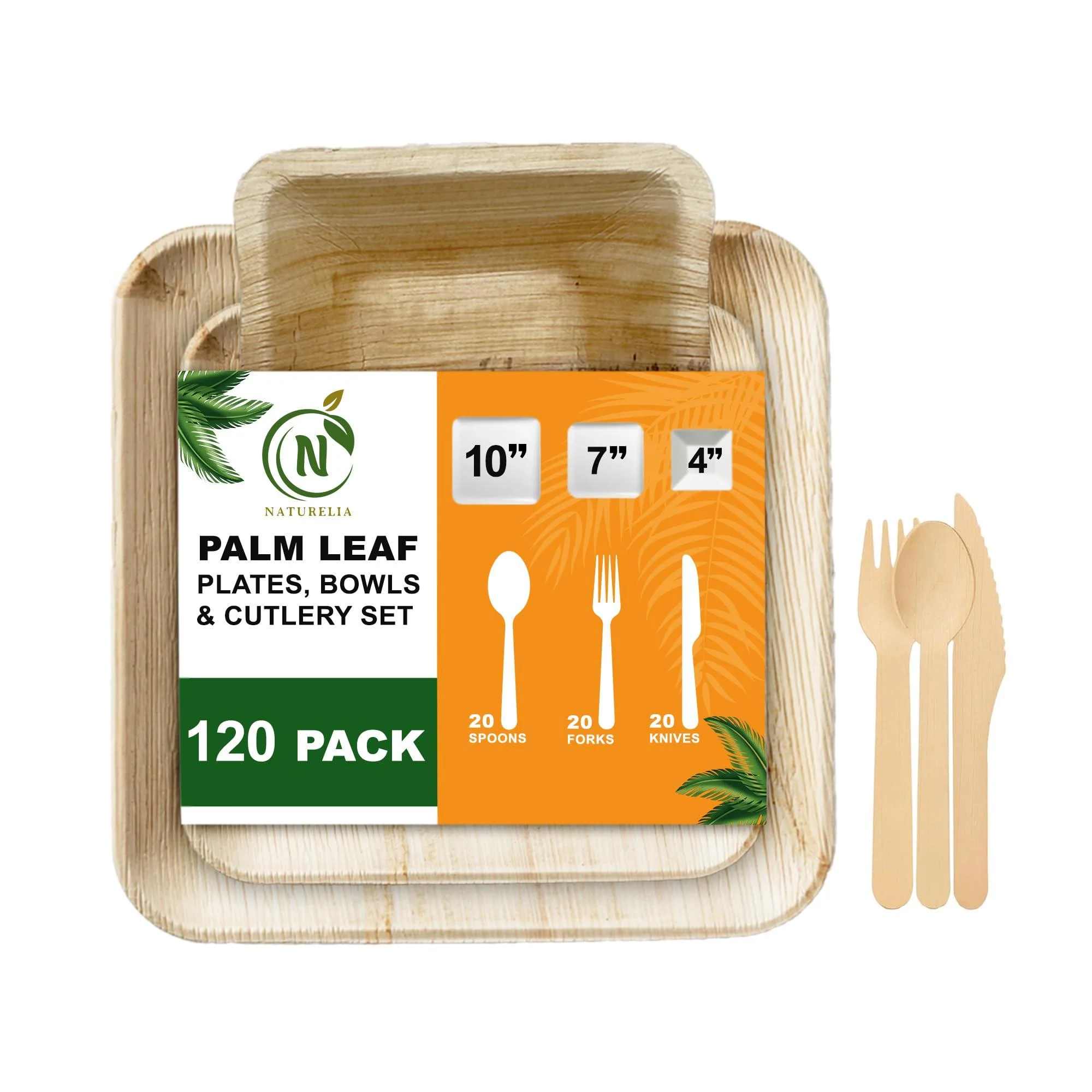 Naturelia Areca Plates Party Pack 120 Pck - Eco-Friendly Dinnerware Set- Includes Plates Bowls & Cutlery Set Each 20 Count| Perfect for Snacks Dinner Soup- Compostable and Microwave-Safe