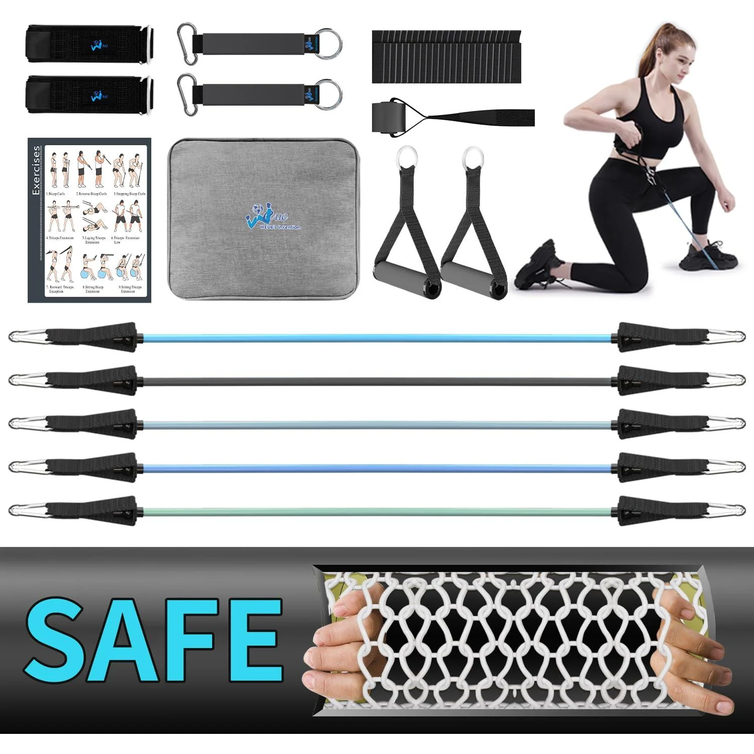 WEUE Resistance Band Safety Tube INVENTION Exercise Band for Fitness Workout Band with Handles for Men Women Up to 150lbs with Foam Handles Ankle Straps Door Anchor for Gym and Home WEUE 14 SET LE