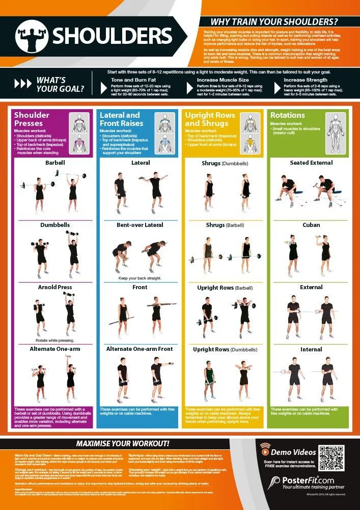 Shoulders Exercise | Full Workout Improves Strength Training | Laminated Gym and Home Poster | Includes Online Video Training Support | Size - 594mm x 420mm (A2) | Improves Personal Fitness