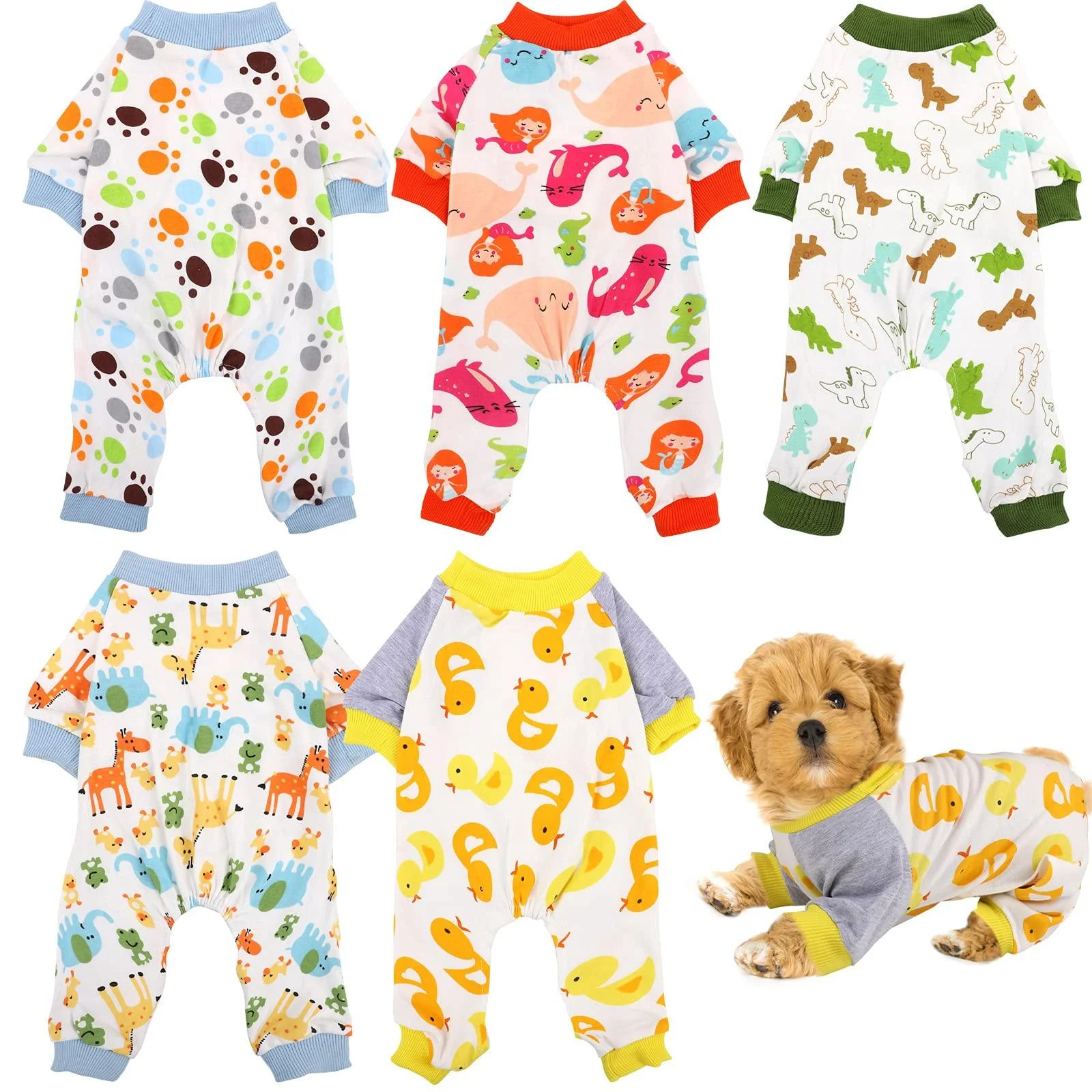 URATOT 5 Pieces Puppy Dog Pajamas Pet Jumpsuit Soft Puppy Rompers Pet Dog Cute Clothes Onesies Puppy Bodysuits for Pet Puppy Dog Cat, 5 Styles (Medium) Dog Paw, Dinosaur, Mermaid, Yellow Duck, Giraffe Medium