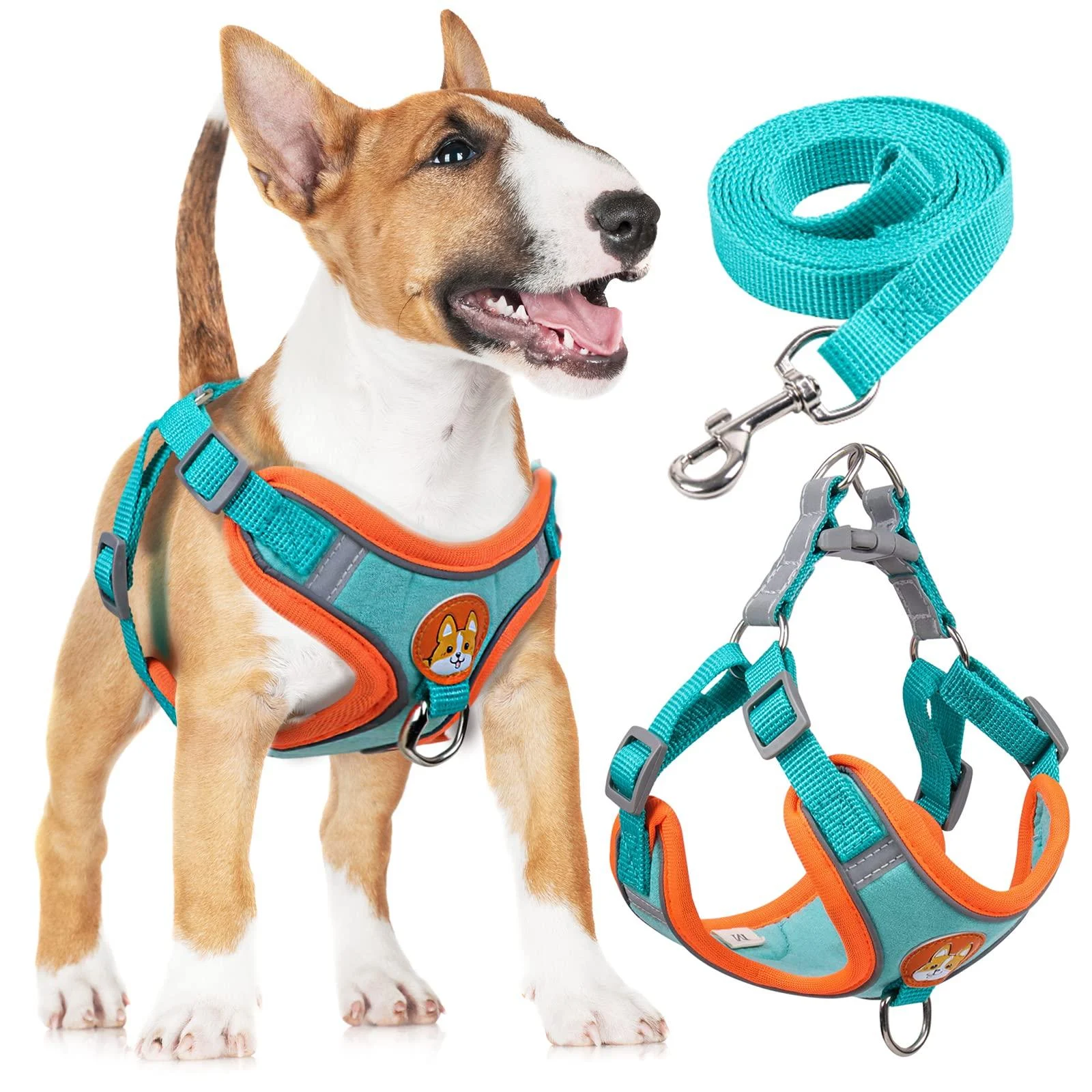 Rennaio dog harness no pull adjustable puppy dishes with 2 linen clips ultra comfortable chest harness and leash set for small and medium-sized dogs (Seeblau XL) Seeblau XL