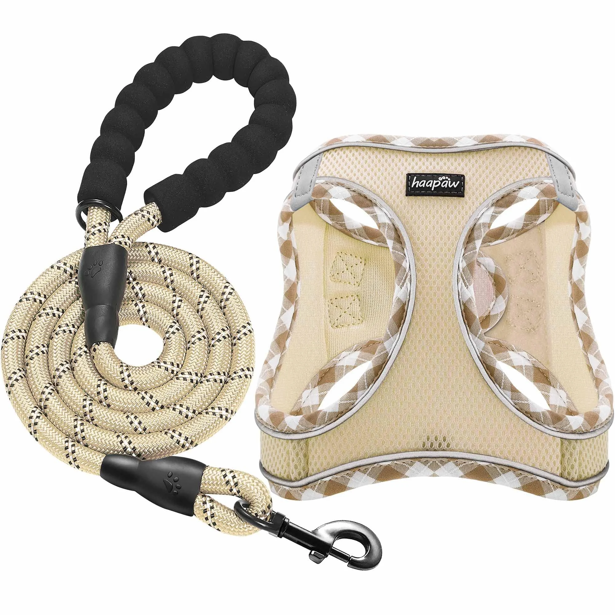 Haapaw dog harness and leash set no pulling adjustable reflective step-in-puppy harness with thick padded vest for extra small/small medium-sized dogs beige S (breast 31.75-37.3 cm weight 3.2-5 kg)