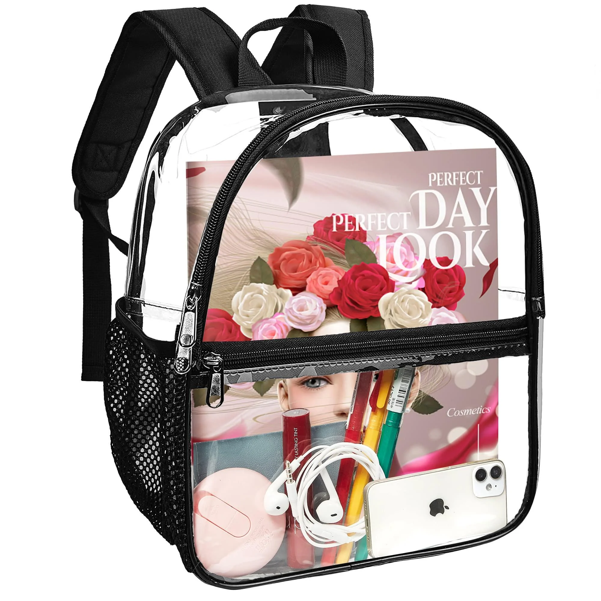 Vikcnitor Clear Mini Backpack Stadium Approved Heavy Duty Waterproof Clear Bookbag for Concerts Work Sport Events-Black