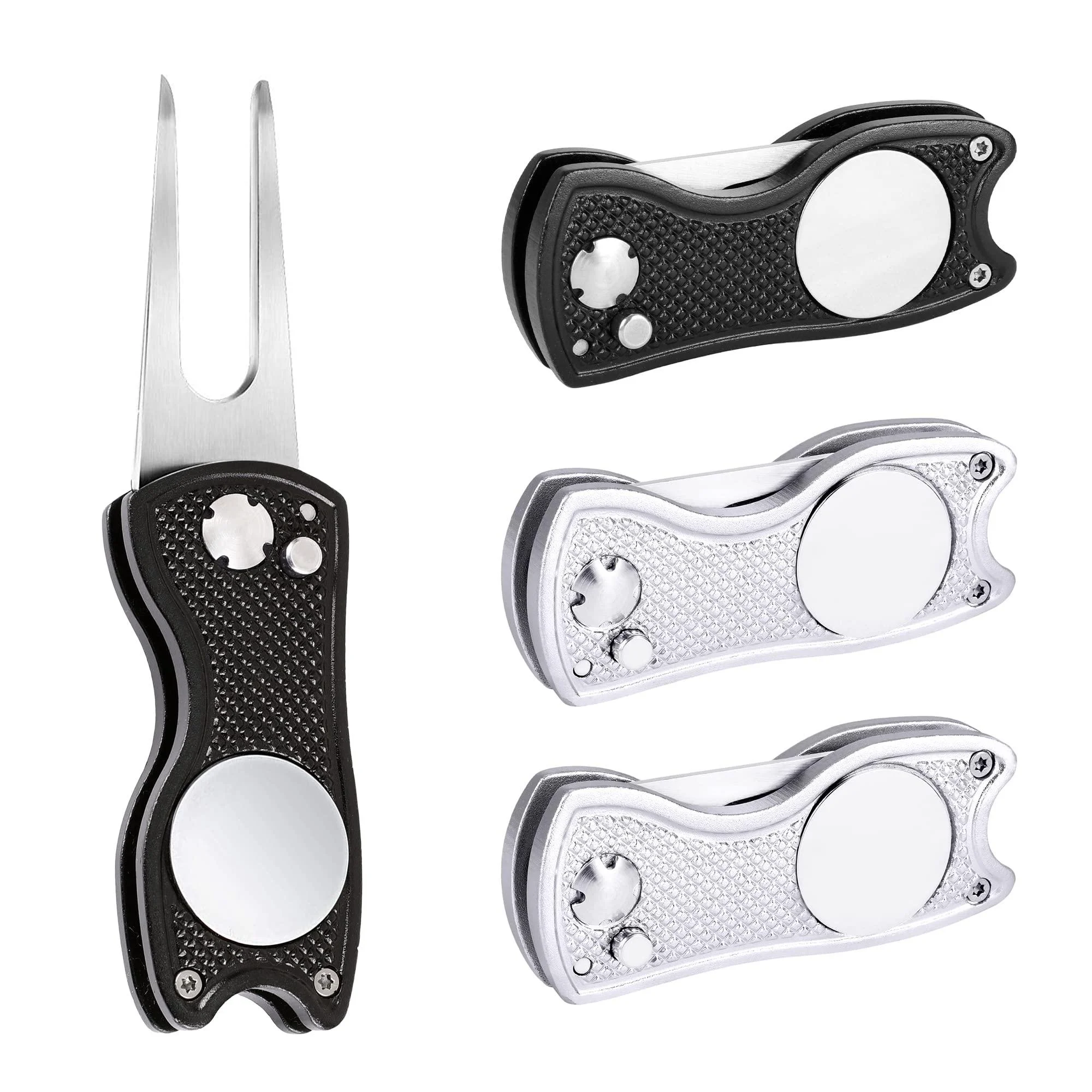 Mile High Life 4 Pieces Golf Divot Repair Tool w Magnetic Golf Ball Marker | All Metal Foldable Divot Tool w Pop-up Button | Golf Accessories for Men 4-(Black*2+Sliver*2)