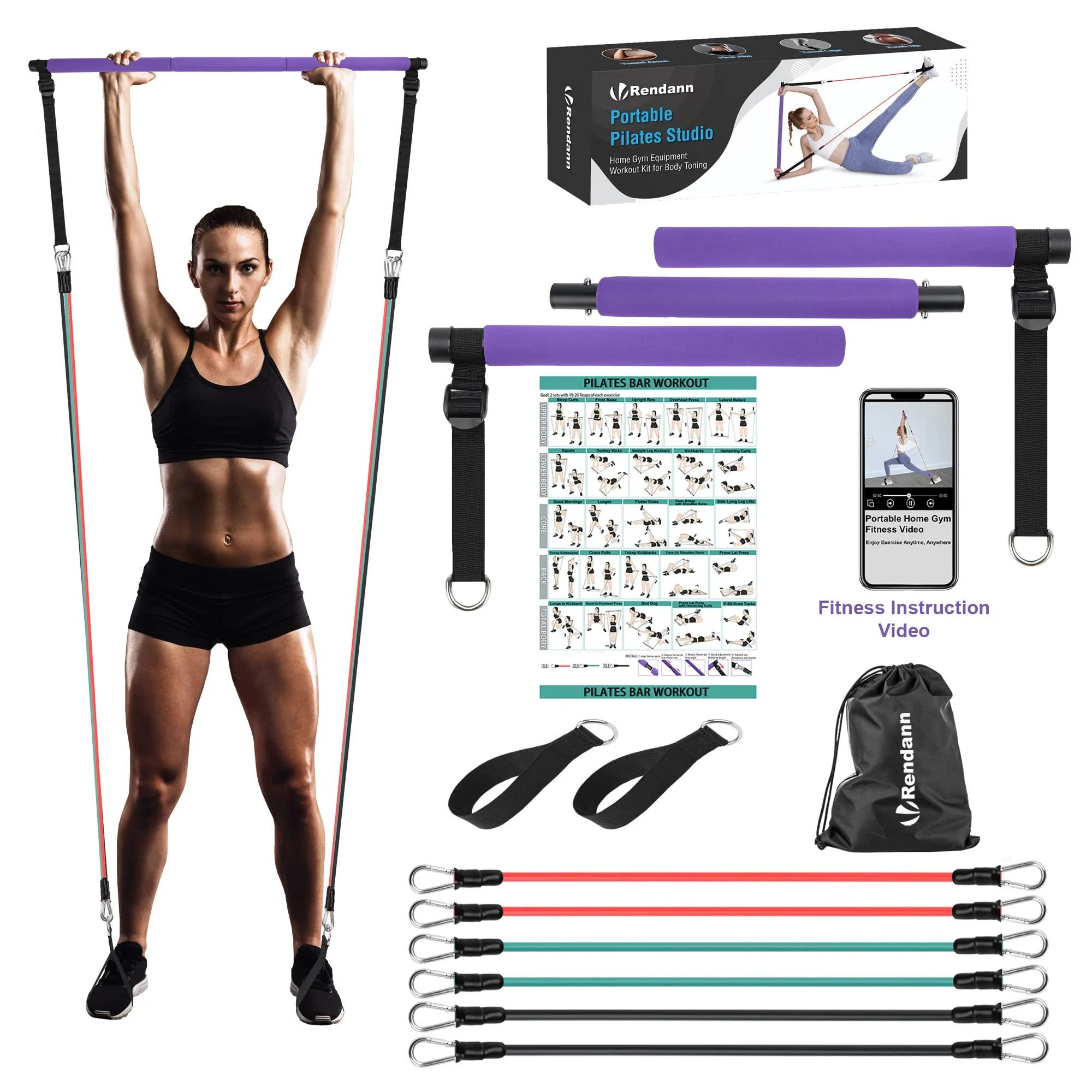 Portable Pilates Bar Exercise Kit-Stackable 3 Pairs of Resistance Bands (15, 20, 30LB) - Home Gym Equipment for Men and Women, Workout Kit for Body Toning,with Fitness Video(Purple).