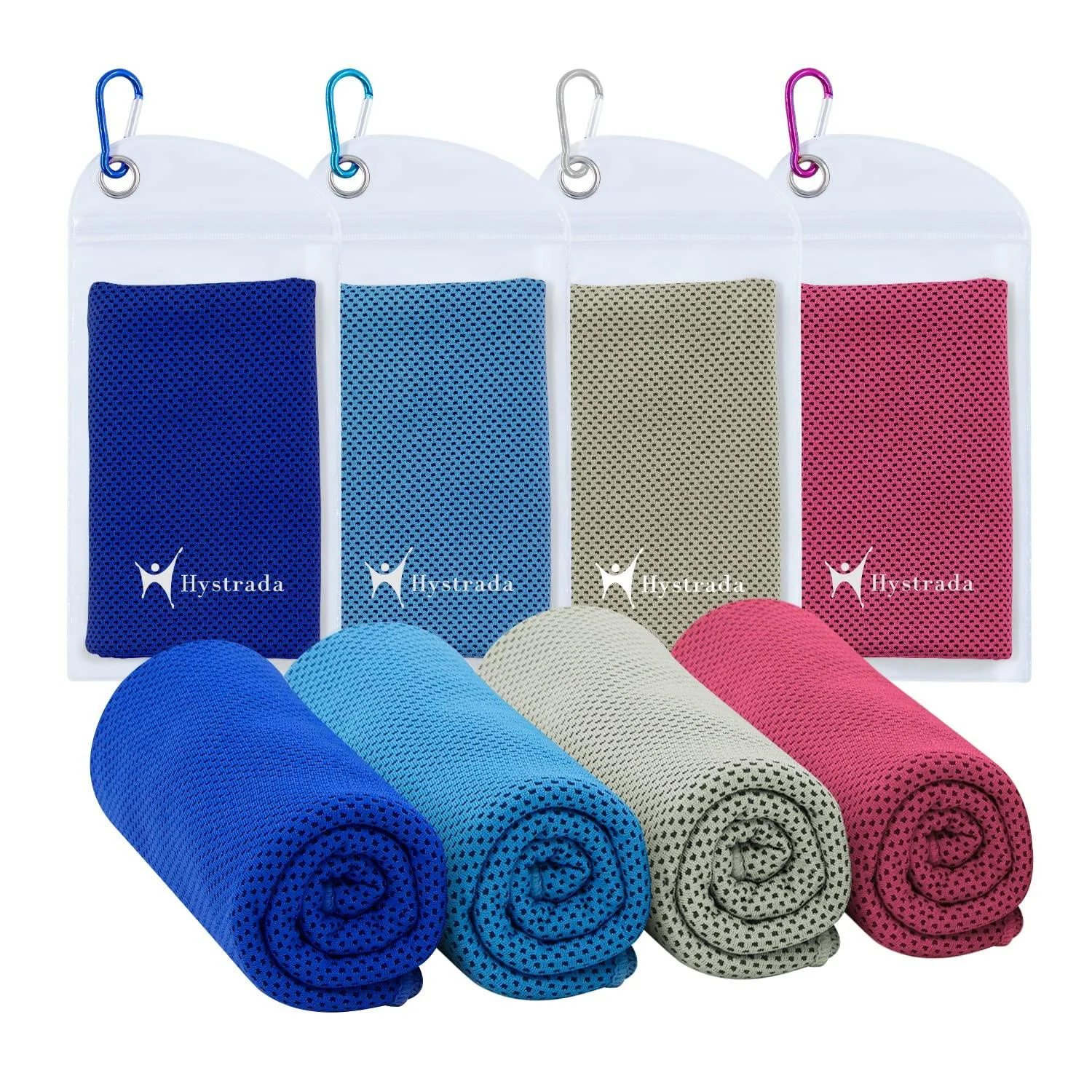Hystrada 4 Pack Cooling Towels 40" x 12"-Cooling Scarf, Cold snap Cooling Towel for Instant Cooling Relief for All Physical Activities: Golf, Fitness, Camping, Hiking, Yoga, Pilates Rose Red, Blue, Grey, Dark Blue