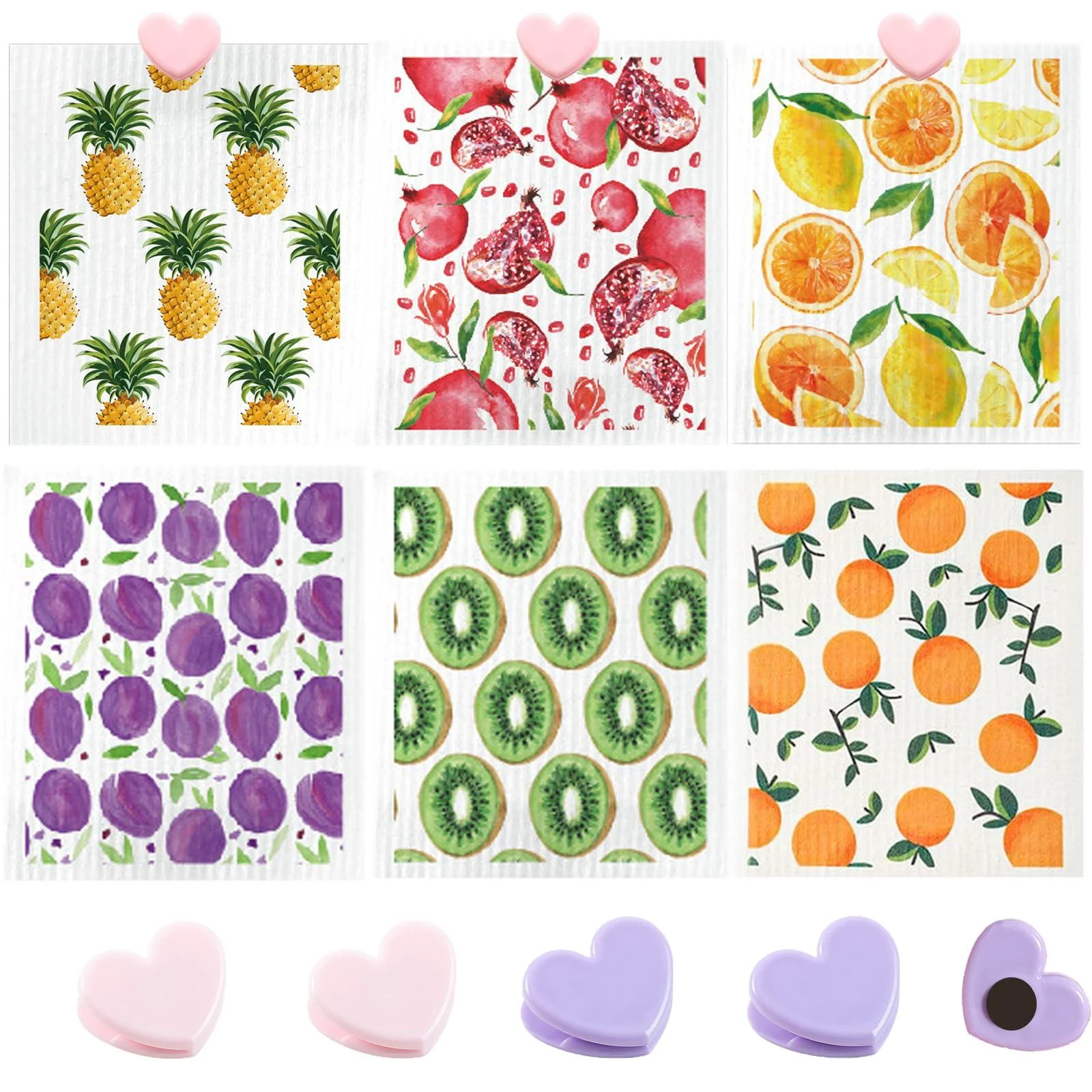 Swedish Dish Cloth 6 Pack Swedish Dishcloths with 4 Clips Absorbent Sponge Cleaning Reusable Biodegradable Paper Towels (6 Pack Fruit) - KAMHBE
