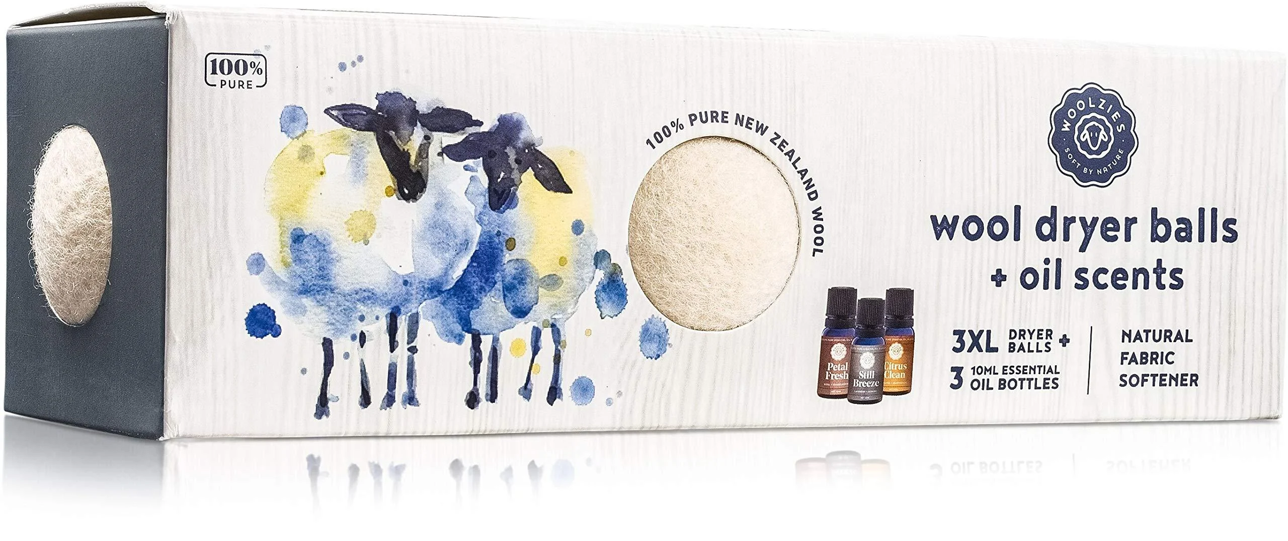 Woolzies Wool Dryer Balls 3 XL Laundry Balls for Dryer Made with New Zealand Wool & Laundry Collection Essential Oil Set Includes Ptael Fresh Still Breeze Citrus Clean