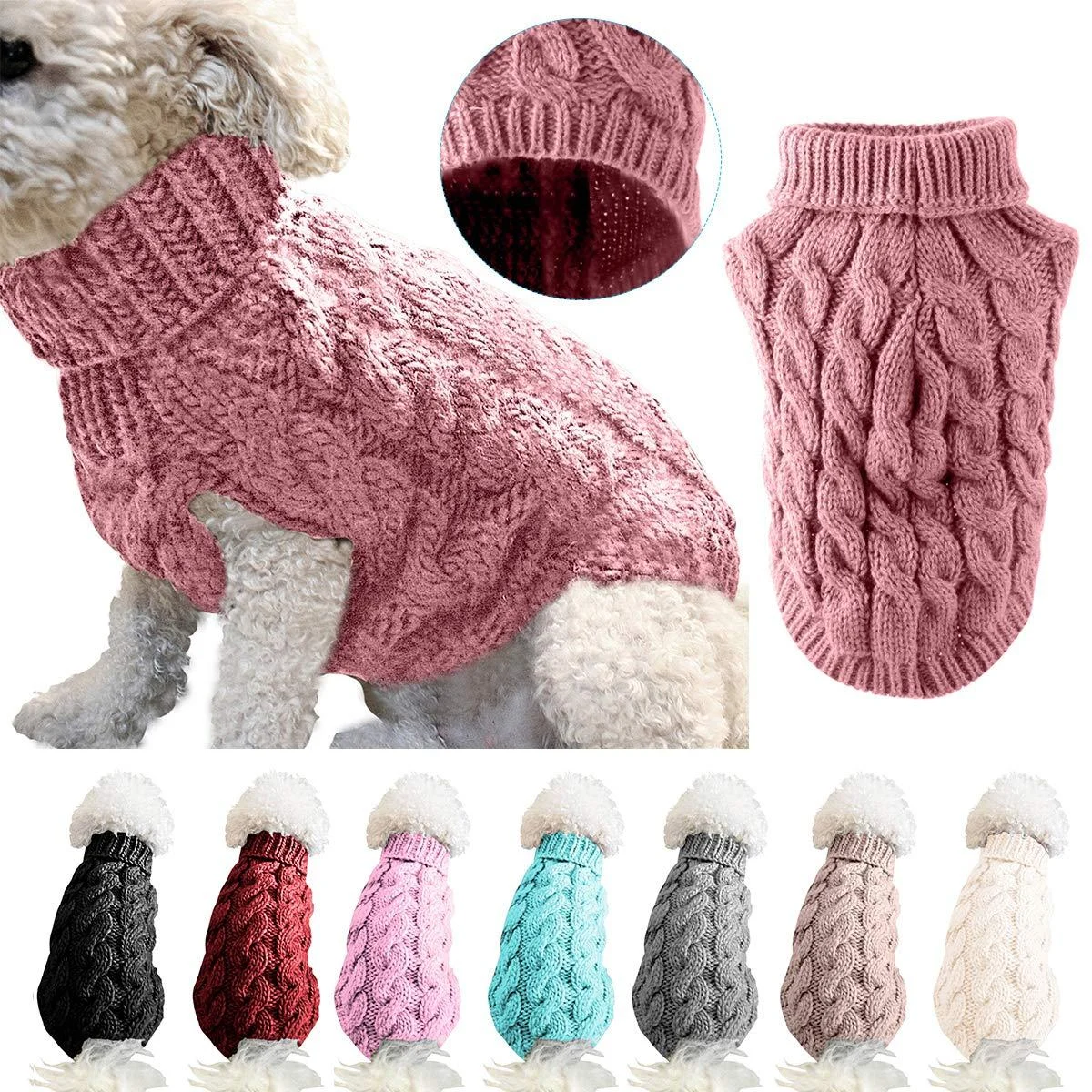 Dog roll collar knitting sweater coat winter warmer thick sweater for small medium-sized and large dogs puppies cats size XL pink XL rose