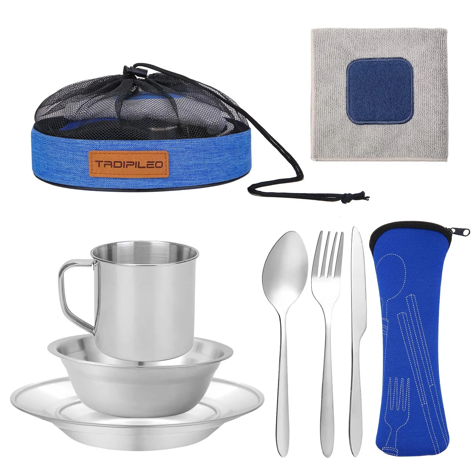 Camping Cutlery Set 8 Piece Stainless Steel Cutlery Set Including Cutlery Spoons Mug Bowls & Plates Rags Organizer Straps Easy to Carry for Backpacking Camping Hiking and Picnics Blue - trdipileo