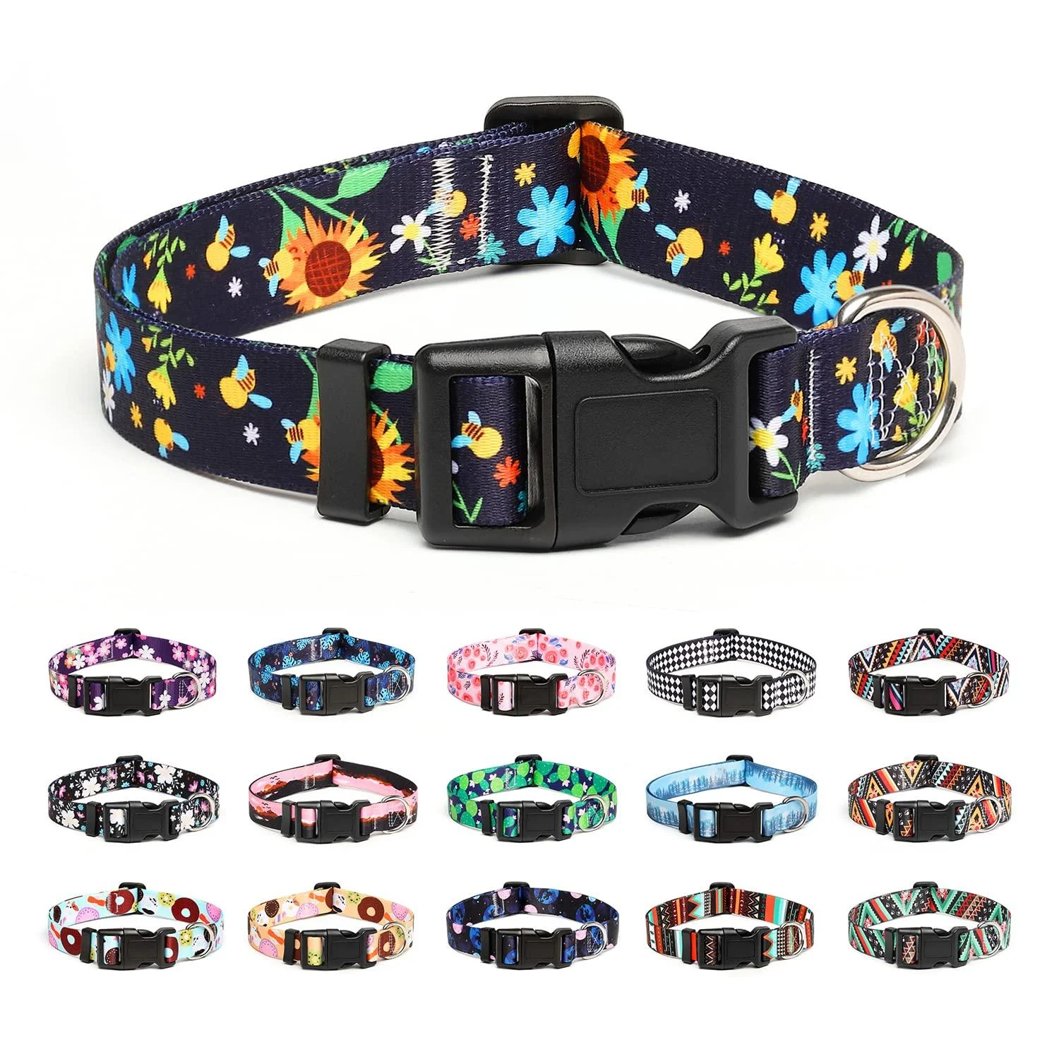Mercano dog collar adjustable soft nylon comfort & robust patterned dog collar for small medium -sized dog puppies cats (L sunflower) l sunflower
