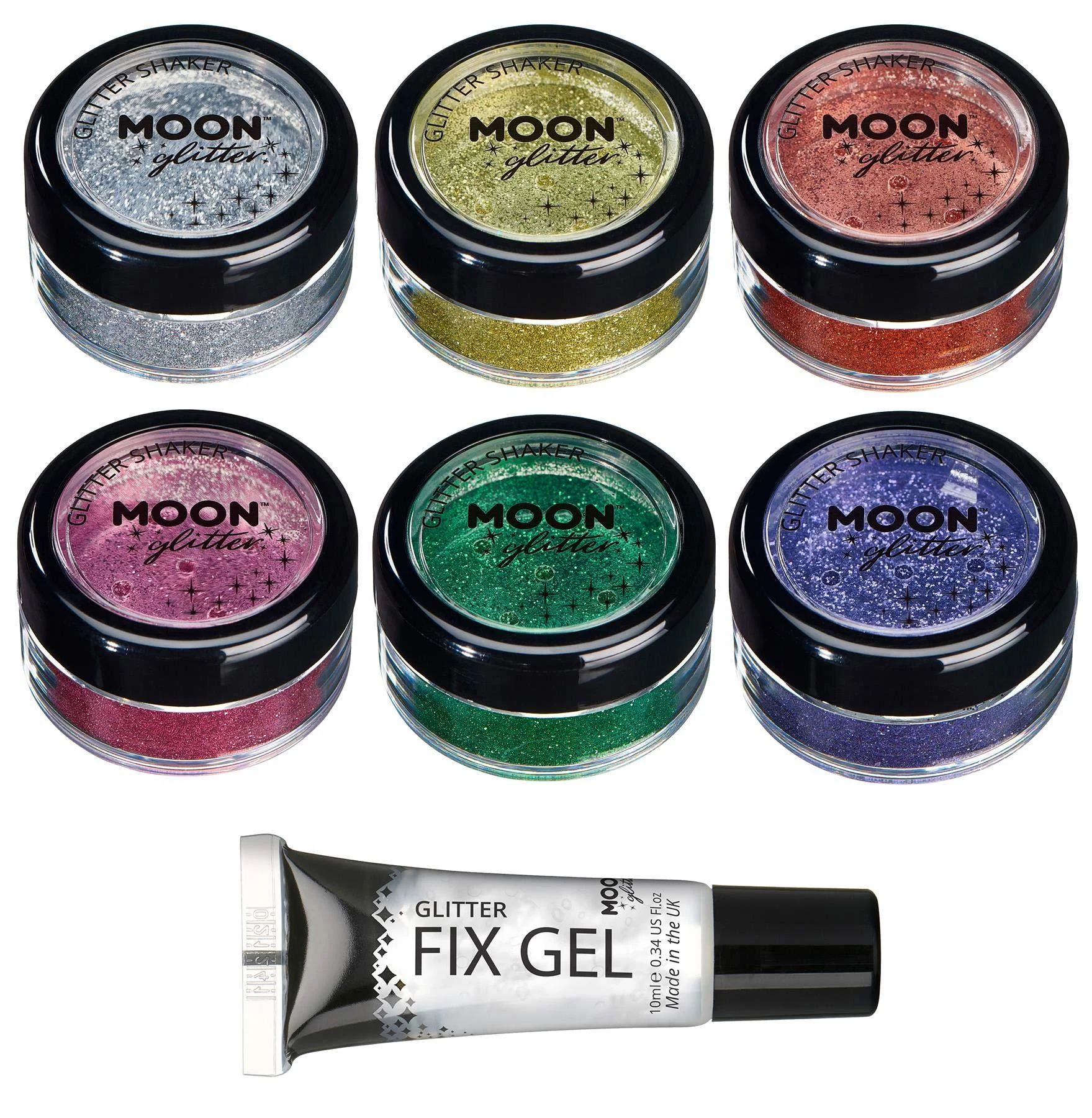 Fine Glitter Shakers by Moon Glitter 100% Cosmetic Glitter for Face Body Nails Hair and Lips - 0.17oz - Set of 6 colours