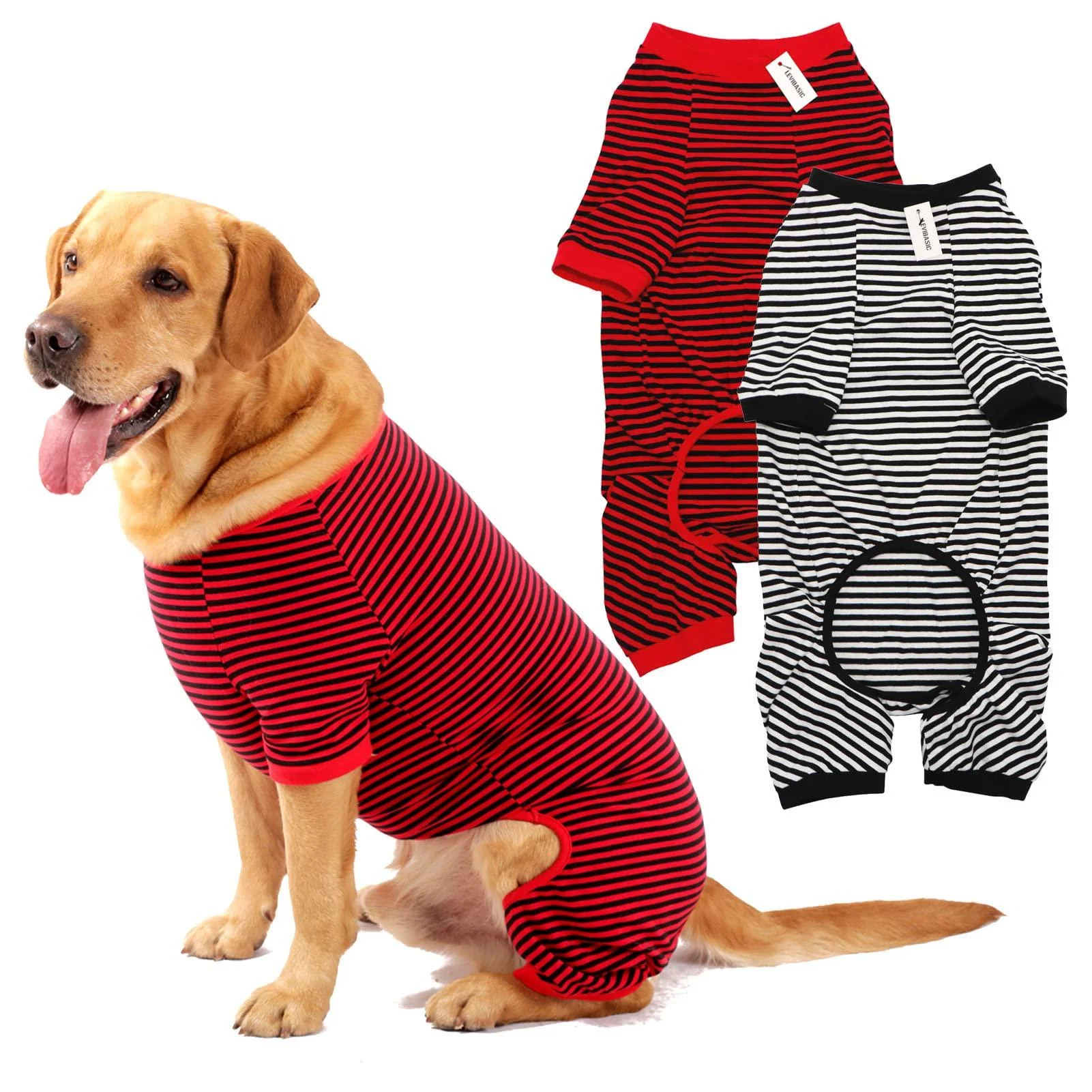 Dog Pajamas Cotton Striped Pup Jumpsuit, Breathable 4 Legs Basic Pjs Shirts for Puppy and Cat, Super Soft Stretchable Dog Jammies for Boys and Girls XX-Large Black Red+Black