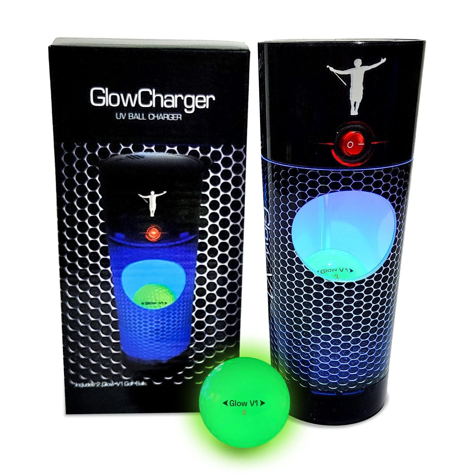 Glow Gear Golf - GlowV1 Glow Golf Balls Charger Light Pack with Refills of Glow in The Dark Golf Balls, Rechargeable Light Up Golf Balls, Golf Accessories for Women & Men, Includes 4 AA Batteries 2 Ball Pack