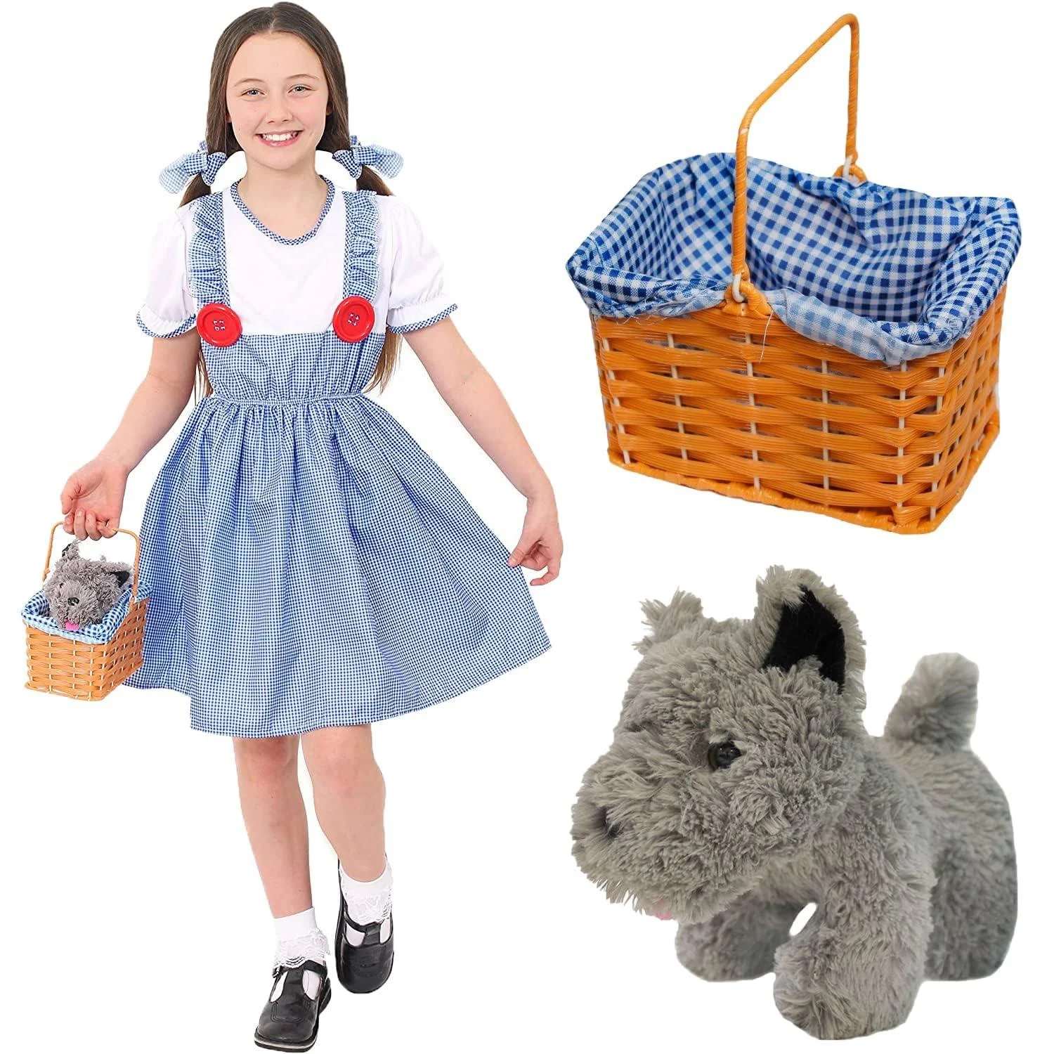 Dorothy Costume with Dog In Basket For Girls - Gingham Dress + Matching Hair Ties + Small Grey Dog In Basket - Kansas Girl World Book Day Fancy Dress Costume