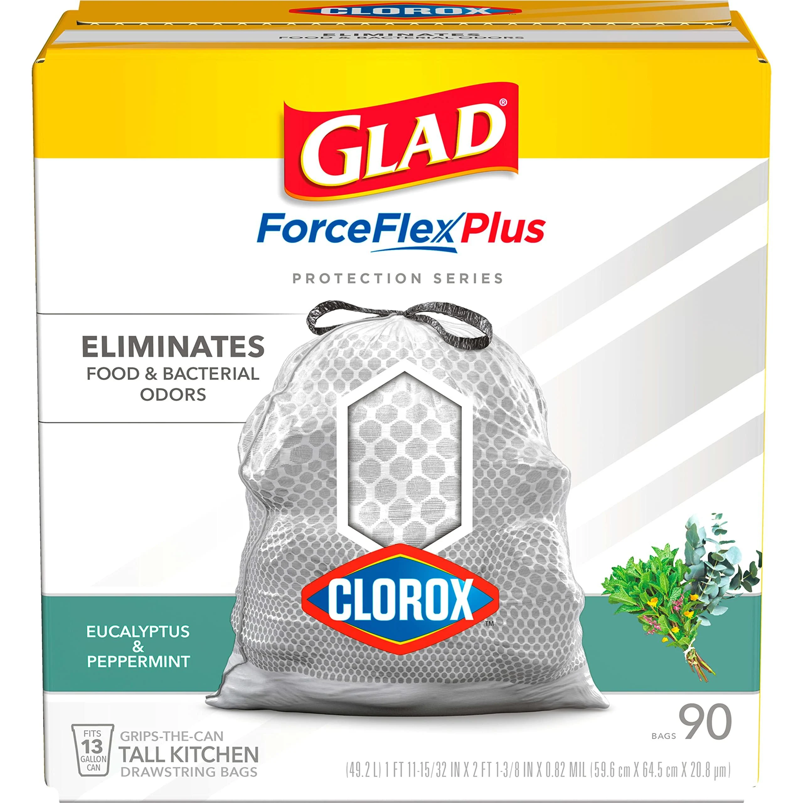 Glad Tall Kitchen Trash Bags ForceFlexPlus with Clorox, 13 Gallon, Eucalyptus and Peppermint, 90 Count (Package May Vary)