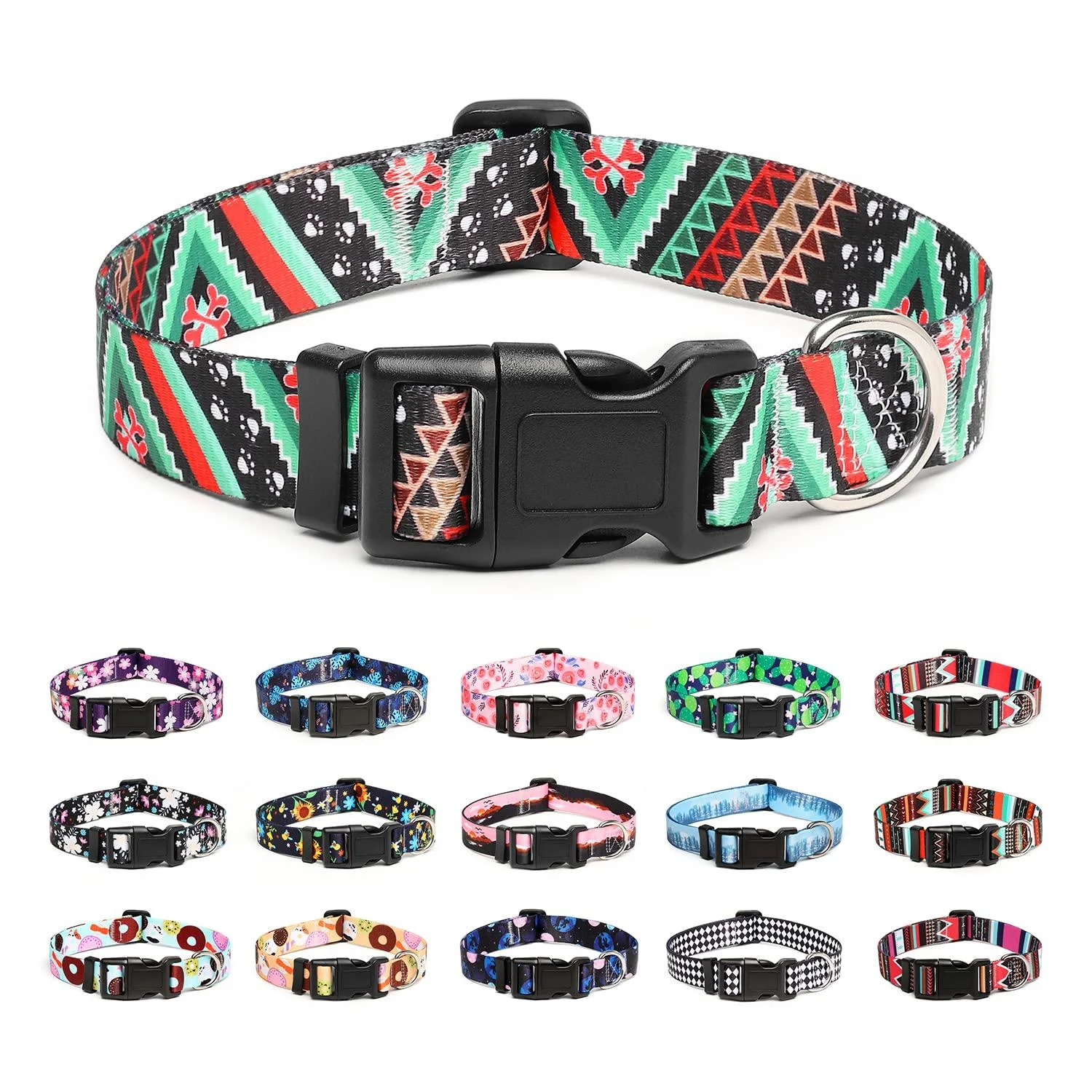 Mercano dog collar adjustable soft nylon comfort & robust patterned dog collar for small medium -sized dog puppies (L ethnic green) l ethnic green