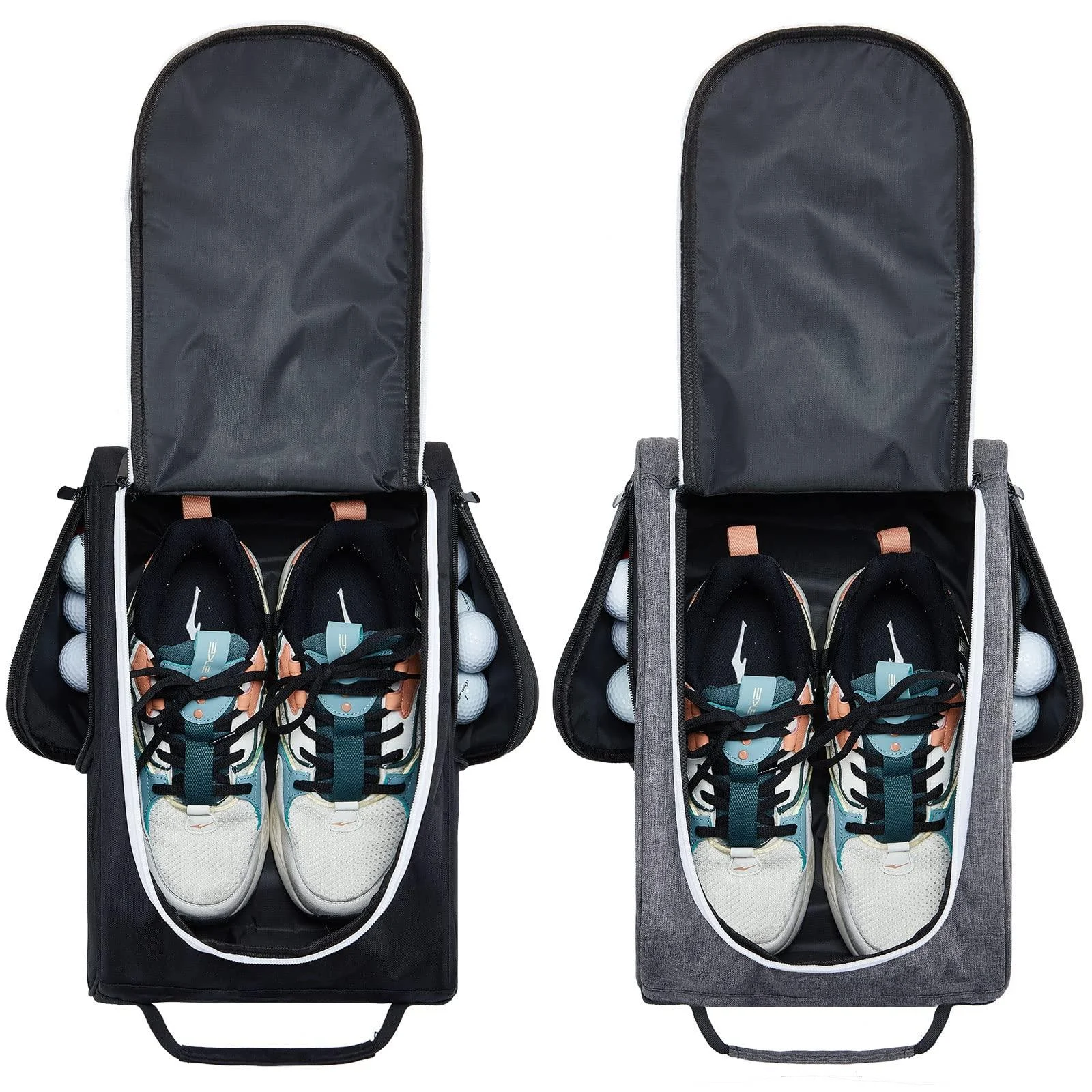 2 Pcs Golf Shoe Bag for Travel Zippered Sports Shoe Carrier Bags Golf Shoe Tote Golf Accessories with Ventilation Outside Pocket for Golf Balls Tees Socks Accessories Men Women Black, Gray - Funtery