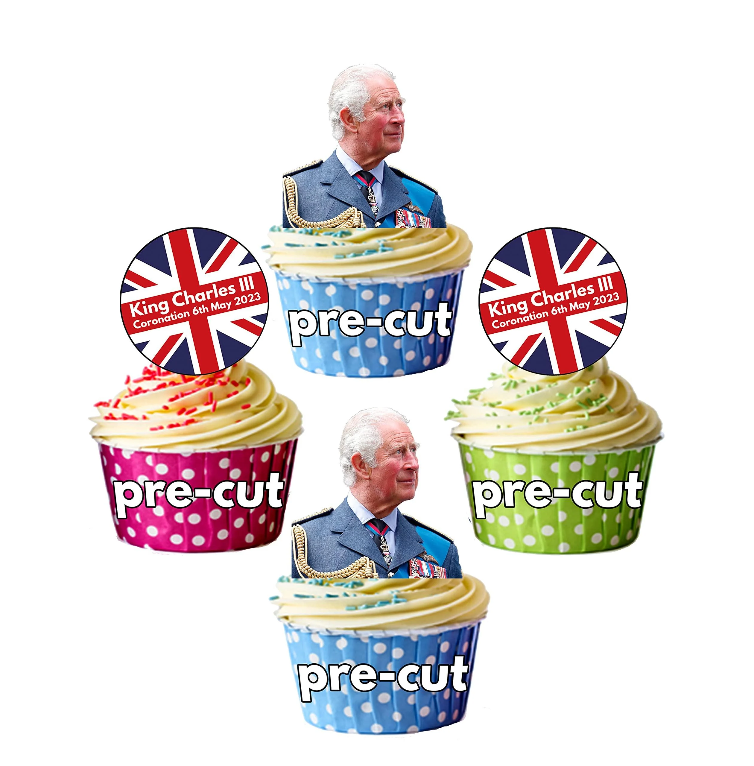 PRE-CUT King Charles III Coronation Union Jack Edible Cupcake Toppers Cake Decorations (12 Pack)