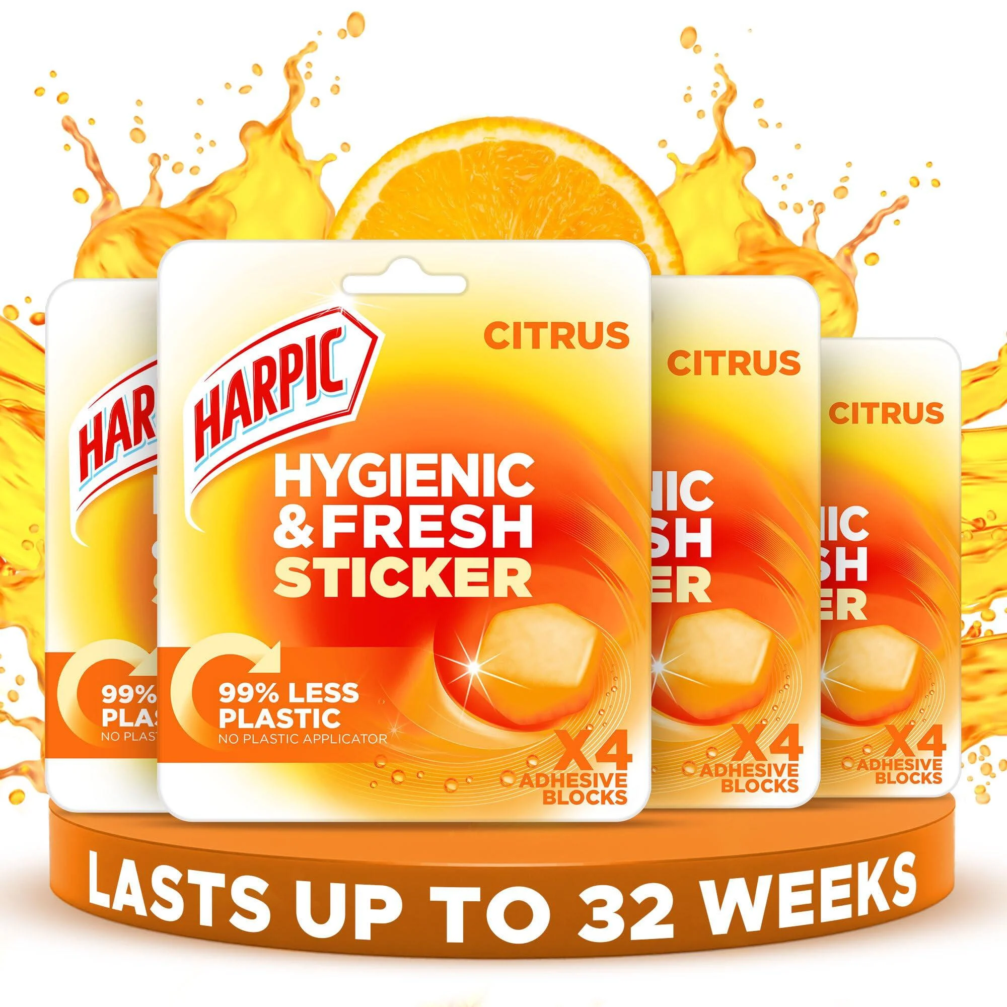 Harpic Hygienic Fresh Sticker Adhesive Toilet Block Yellow - Citrus 4 Packs of 4 stickers. Toilet Freshener No Plastic Applicator. 4 count (Pack of 4)