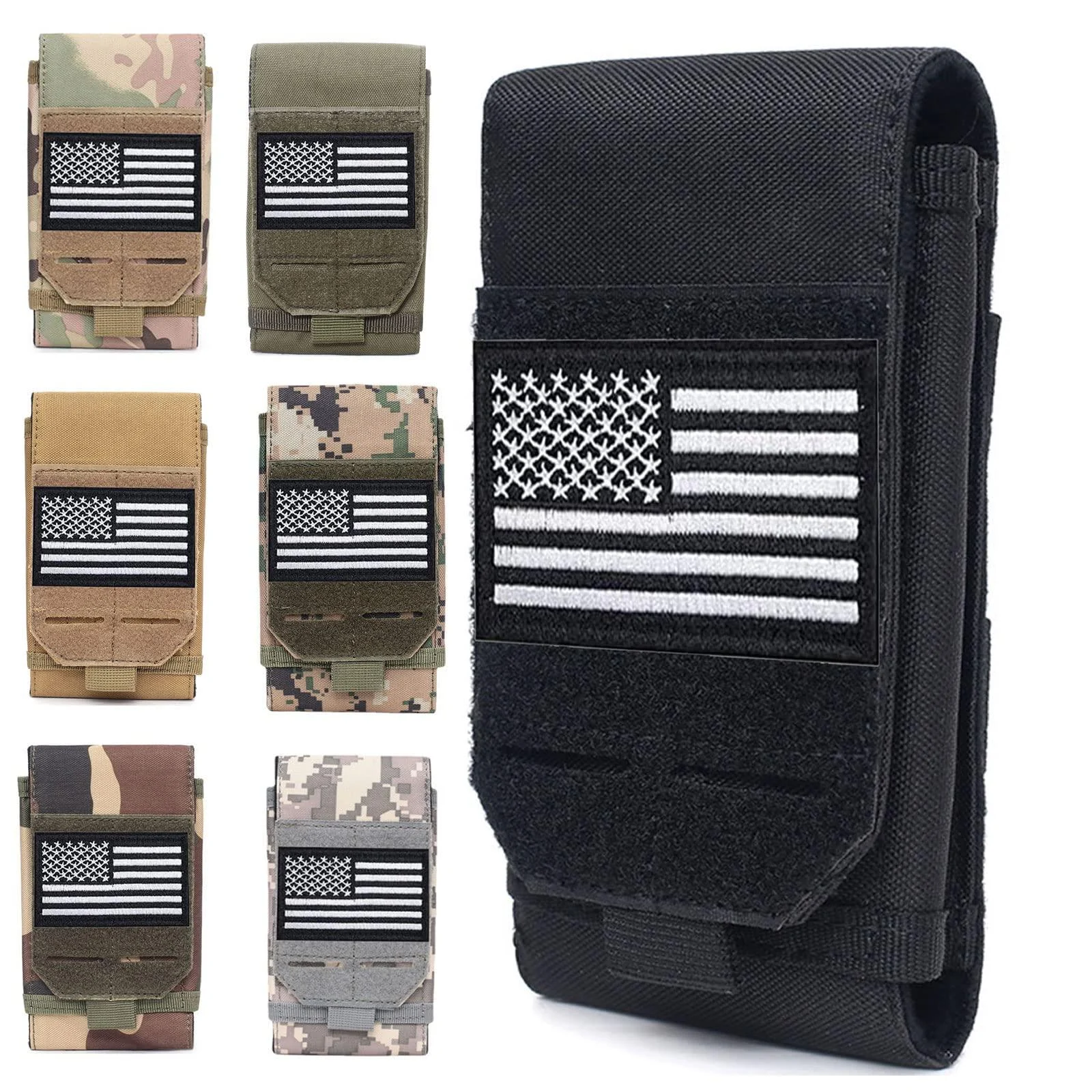 VIIDOO Upgrade 1000D Laser Cust Molle Phone Pouch, Heavy Duty Waterproof Samll Tactical Cell Phone Holder with US Flag Patch for 4.7"-6.7" Phone SIMPLE BLACK