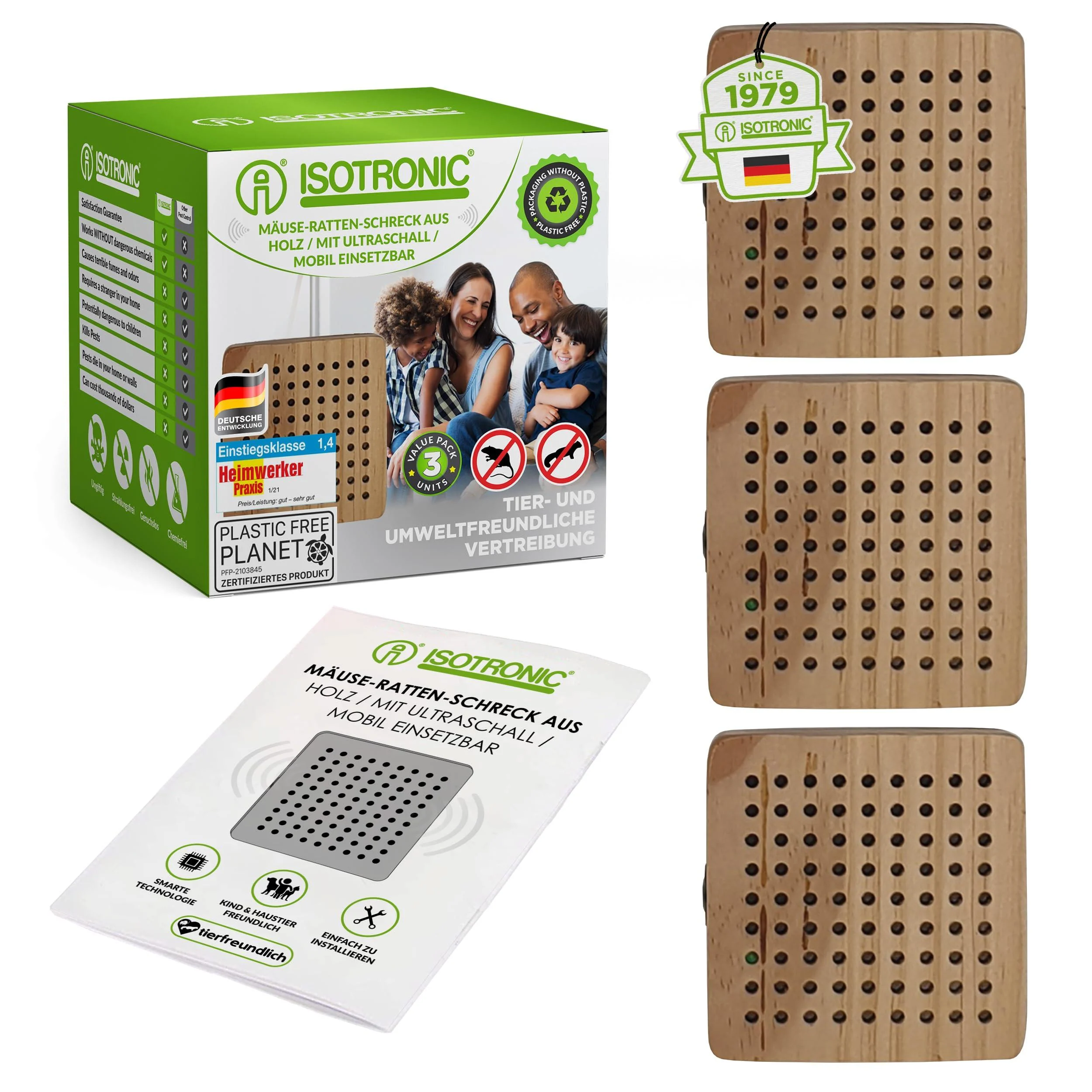 ISOTRONIC mouse defense in the wooden housing |Rat defense with ultrasound |Pesticide distributor electronically for house basement garden |Mice rats pass without chemicals/mouse traps - 3 pieces