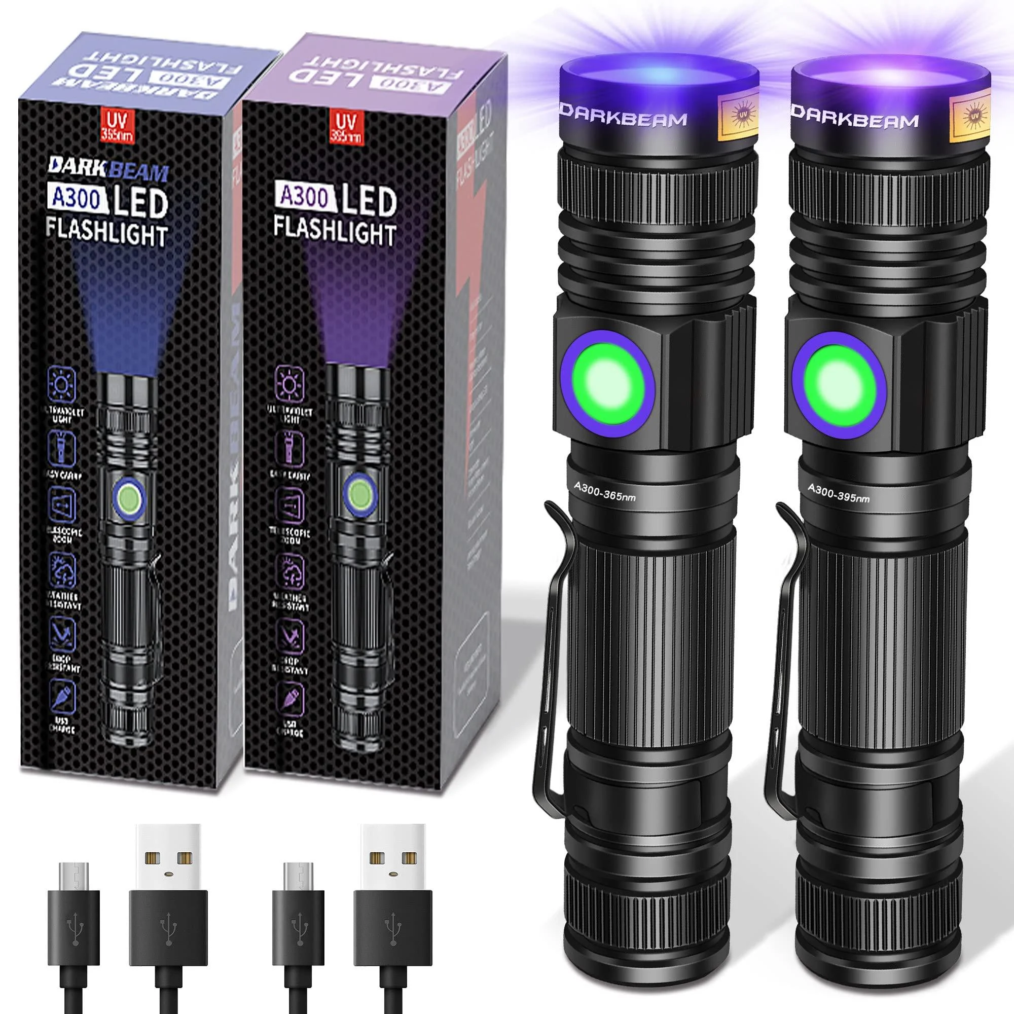 DARKBEAM UV Torch Flashlight Black Light 365nm & 395nm Woods Lamp Blacklight Rechargeable USB Ultraviolet LED Portable Mini Pet Urine Detector for Cat Ringworm Stains Curing Resin 2 Pack Uv365(bluish)+uv395(violetish)