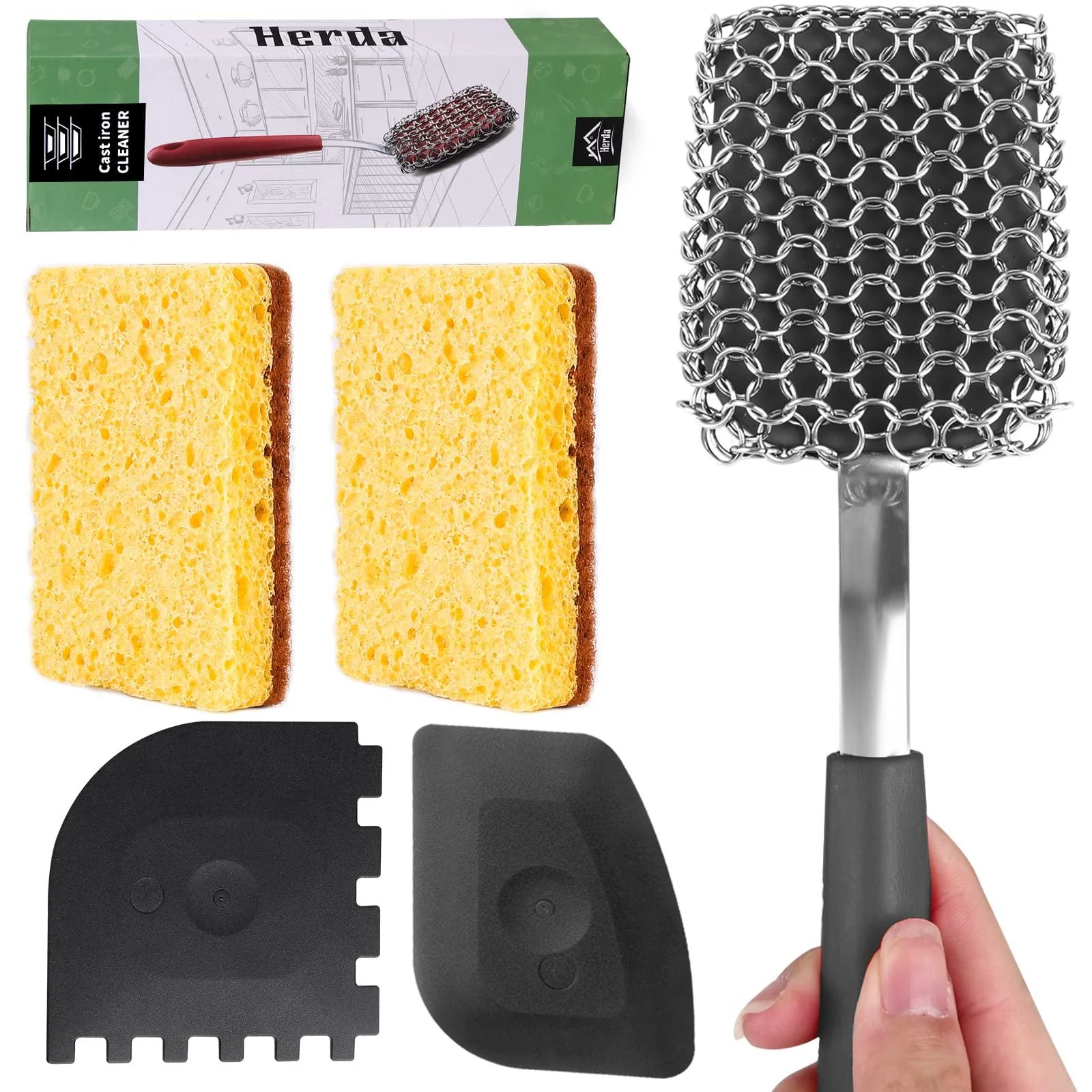 5Pieces Cast Iron Cleaning Kit Pan Pot Wok Scraper Tool Skillet Sponge Metal Sponge Stainless Steel Brush Scrubber Scouring Pad, Steel Dish Scrub Chainmail Pan Scrubber Cast Iron Cleaner Black-5pcs