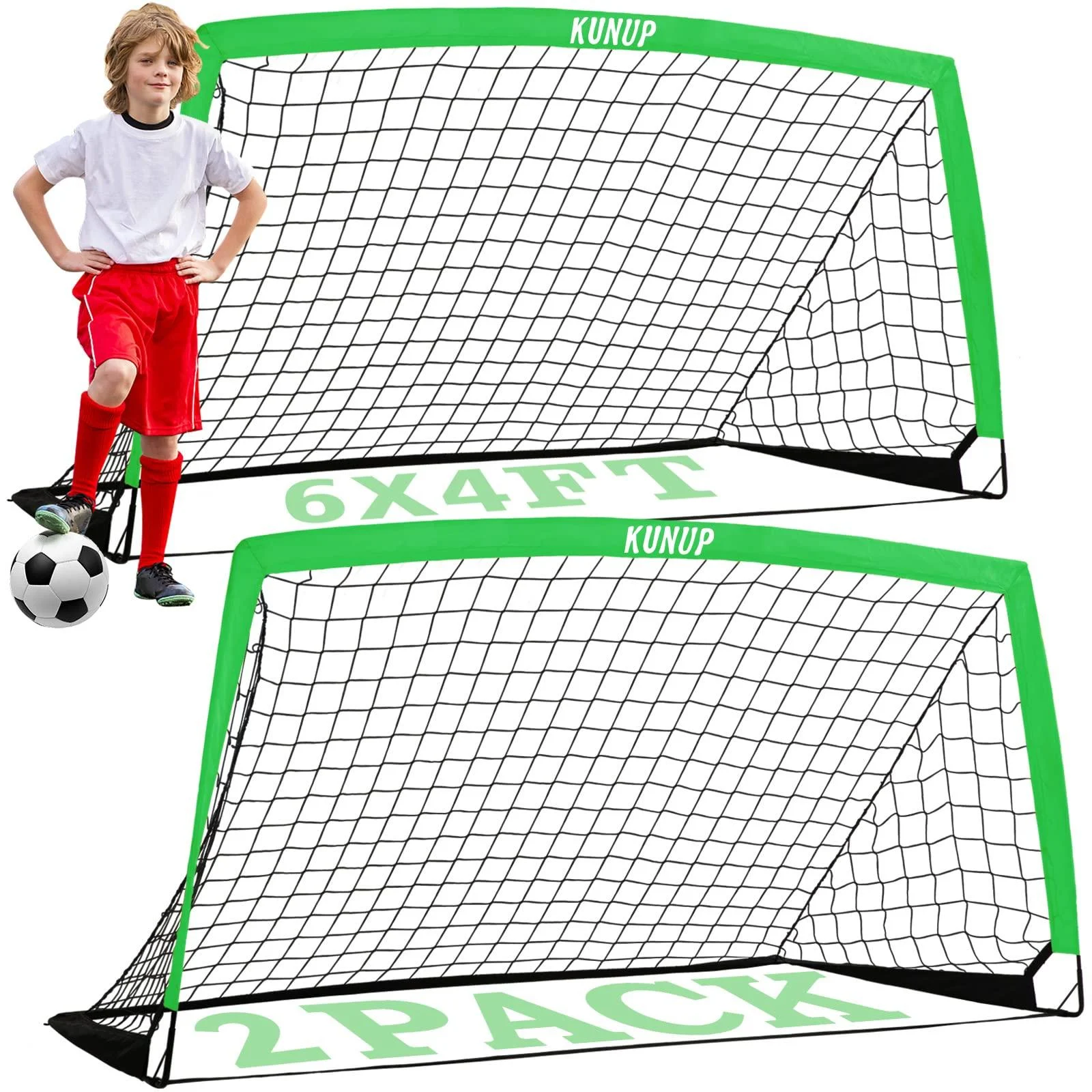 Kunup Kids Soccer Goals for Backyard Set of 2 Portable Soccer Nets for Backyard 6x4FT Folding Soccer Goals Practice Nets with Carrying Bag for Outdoor Indoor Green