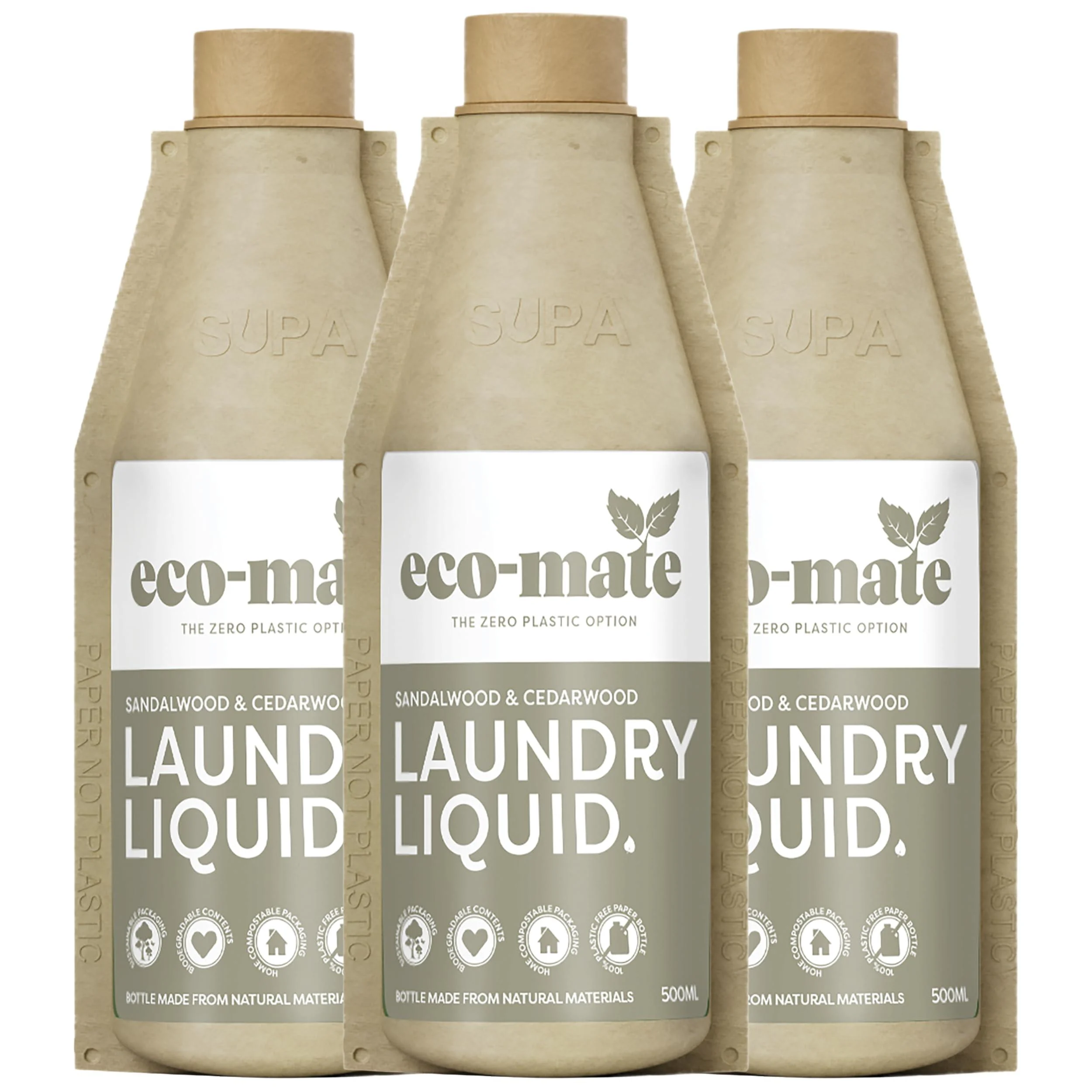 Eco-Mate Sandalwood and Cedarwood Concentrated Non-Bio Laundry Liquid Plant-based 100% Biodegradable Paper Bottle & Contents Vegan Friendly Natural Hypoallergenic Plastic Free Pack of 3