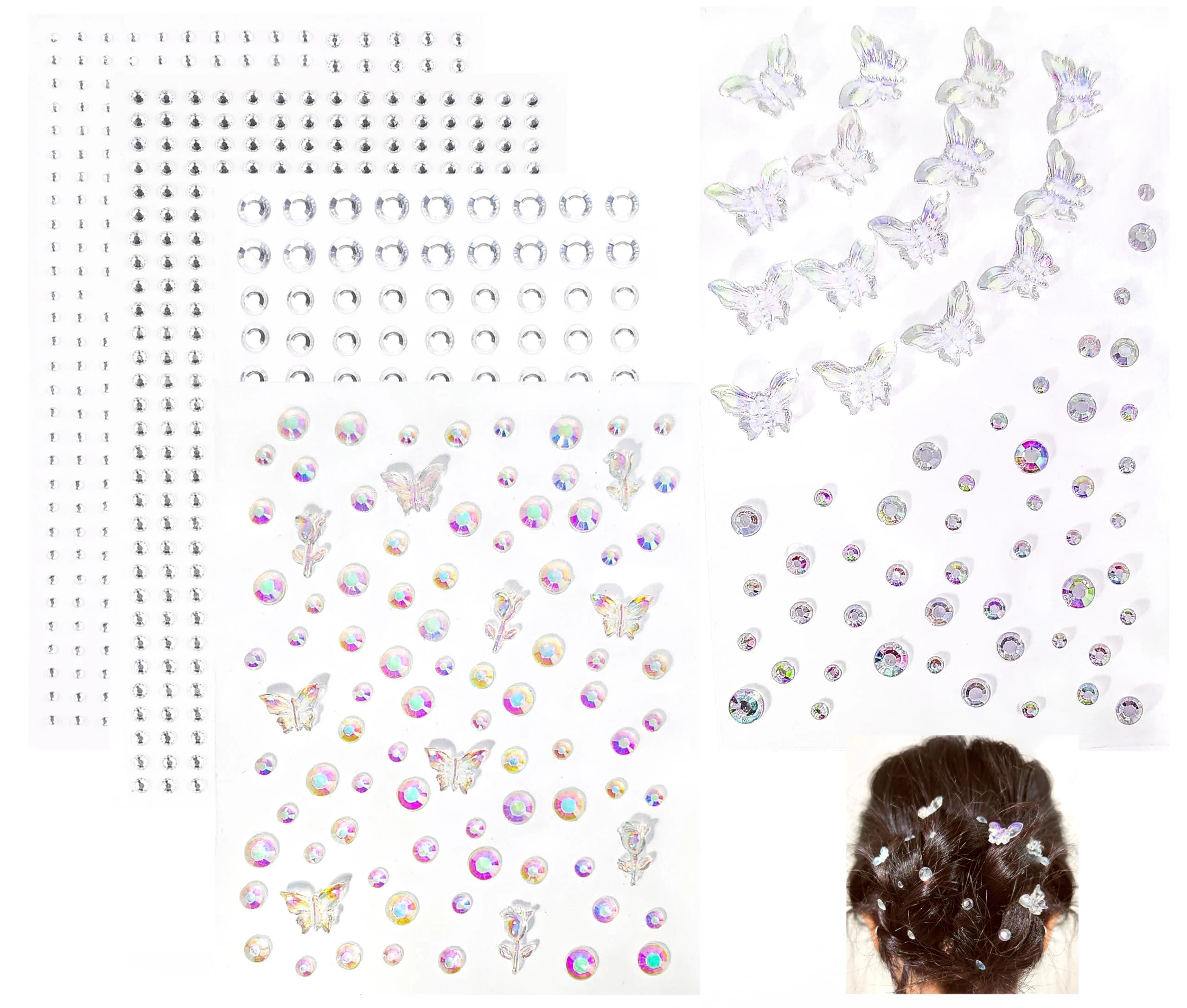 Iridescent Butterfly Face Eye Stickers Self-Adhesive Face Jewels Gem Stickers for Makeup Assorted Sizes Rhinestones Stickers Gems for Face - Body - Hair - Eye - Ear-Nail (Clear&Butterfly) Clear & Butterfly