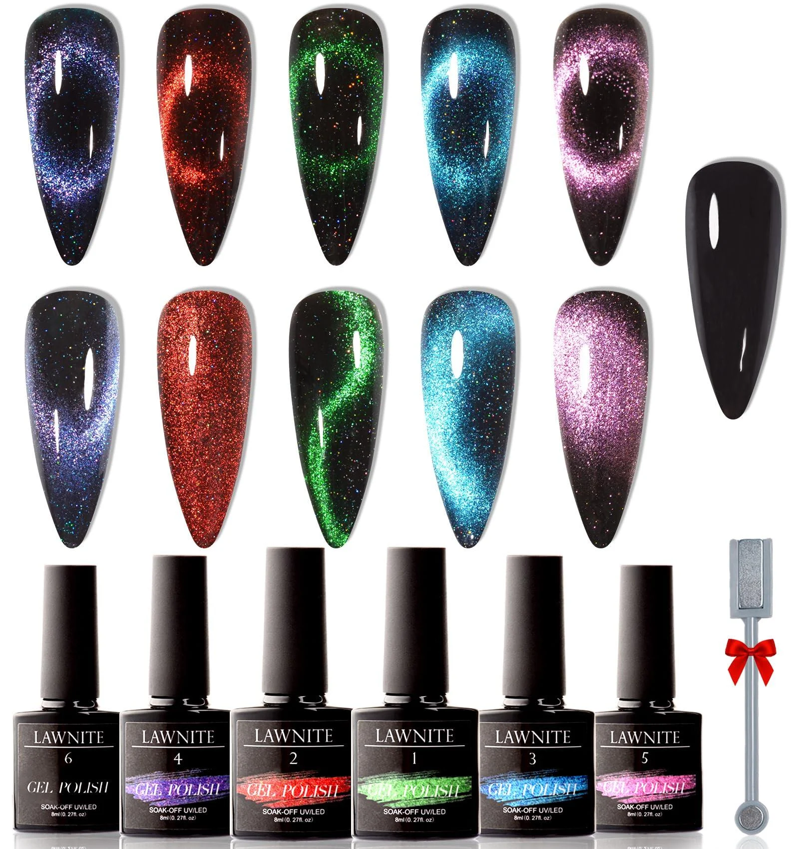 9D Cat Eye Gel Nail Polish Set Holographic Magnetic Nail Polish 5 Colors Cateye Gel Polish with Black Base Nail Polish 1* Magnet Fall Color Soak Off Nail Art Manicure Women - Lawnite