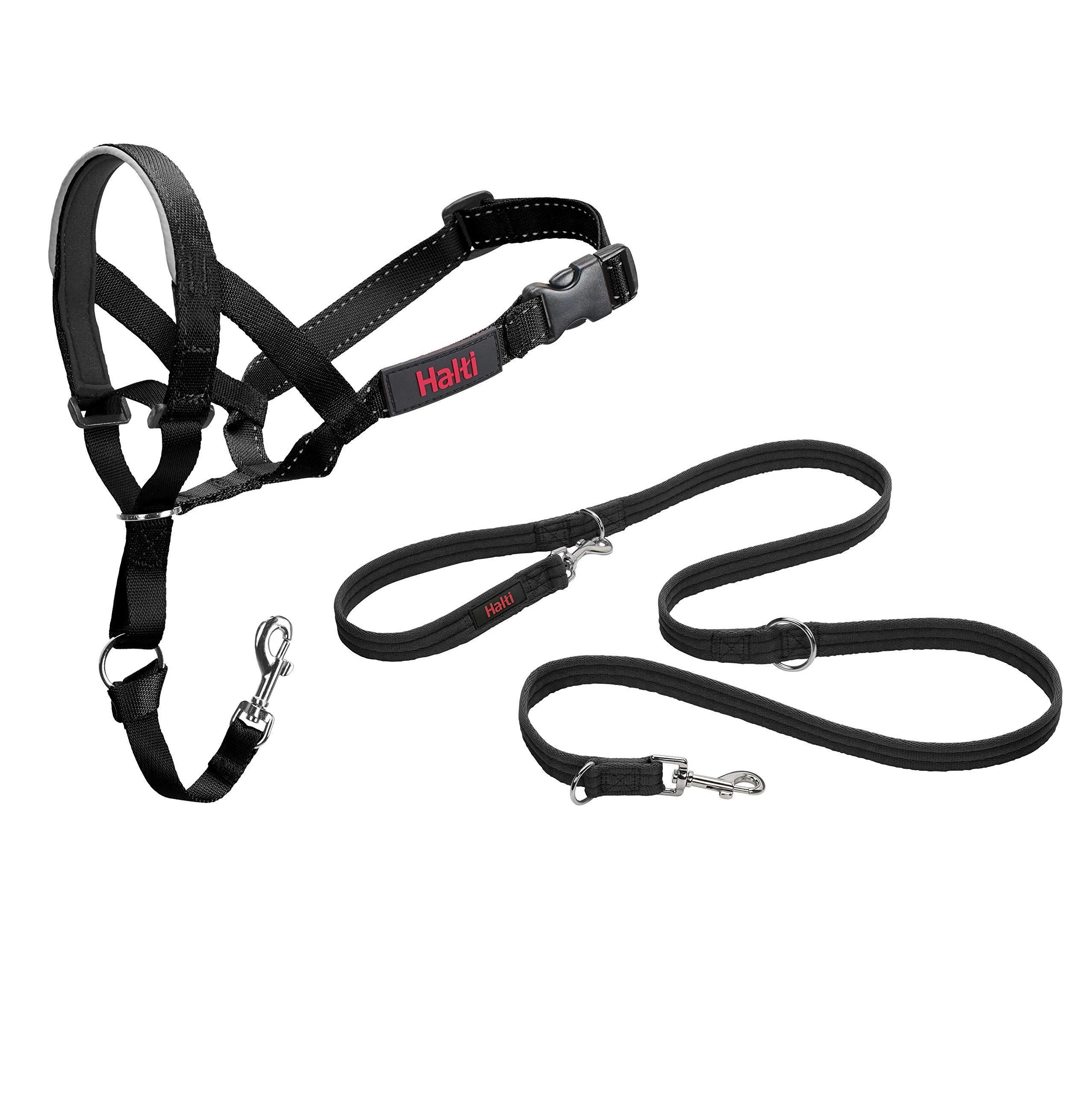 Halti head neck band and training leash combi pack stop the dog's pulling on walks contains head neck band size 5 and double leash black black size 5 head collar