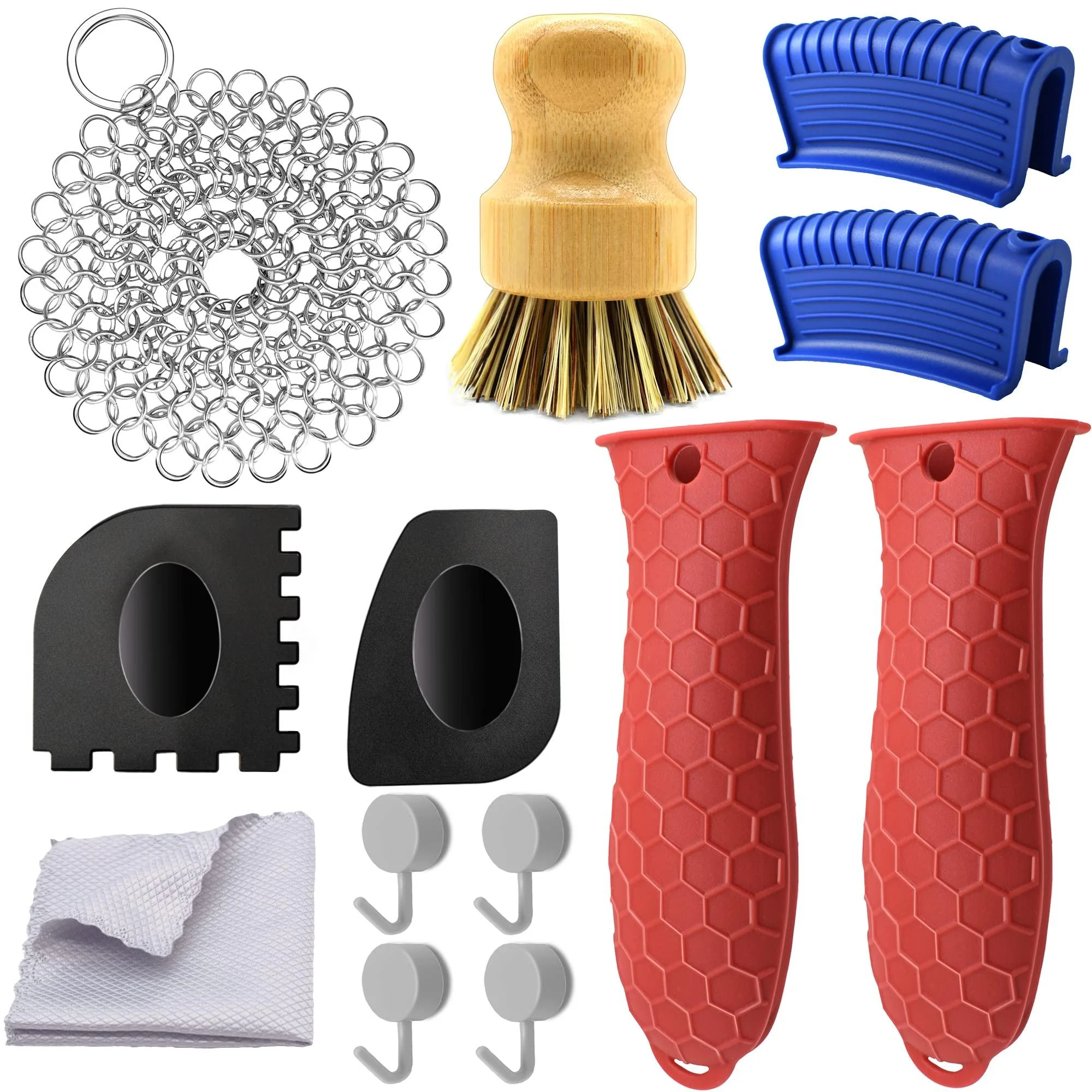 13 Pieces Hot Handle Holder Silicone Set, Cast Iron Cleaner Kit Chainmail with Bamboo Scrub Brush, Grill Pan Scraper Tool, Heat Resistant Skillet Assisit Handle Grips - Gelury