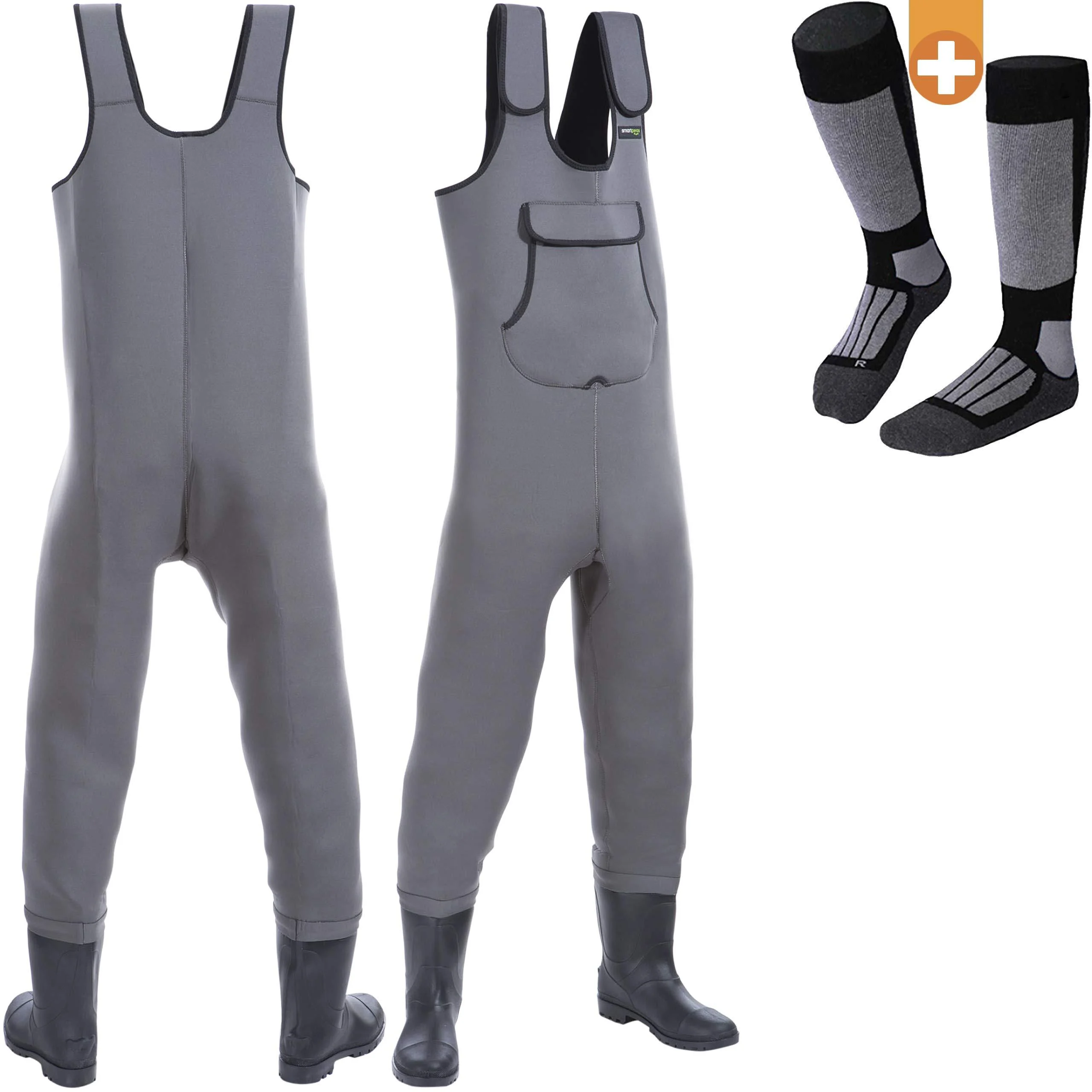 Smartpeas waterproof breathable neoprene wathose with rubber boots-perfect as fishing trousers/watta pants for men +plus: 1x thermo socks 47-48 dark gray
