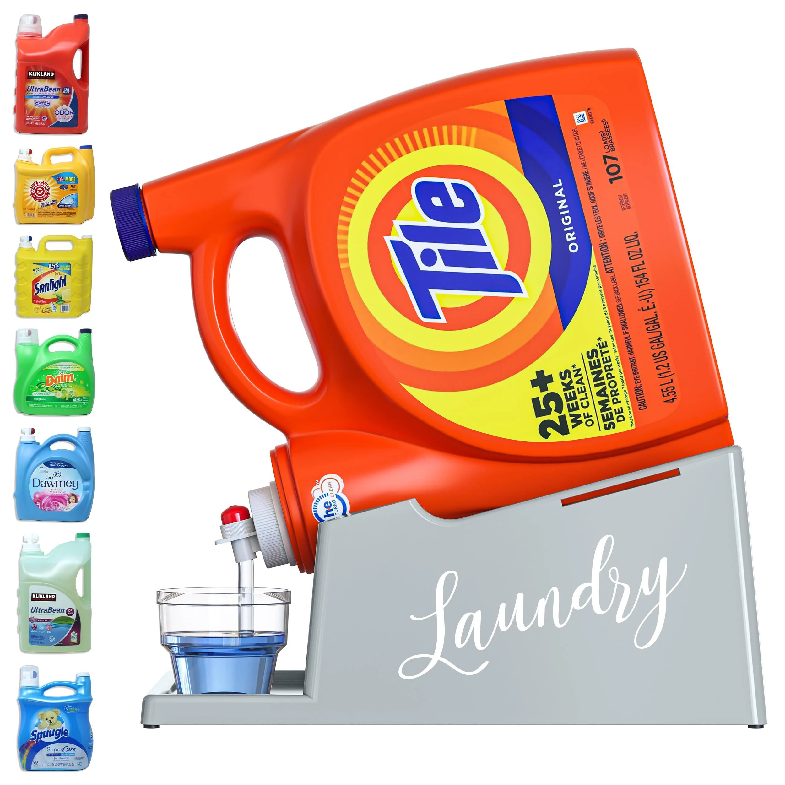 Skywin- Laundry Detergent Holder Stand Organizer and Drip Tray for Laundry Room Organization Laundry Soap Holder for Liquid Laundry Detergent Laundry Detergent Stand (Grey with Print)