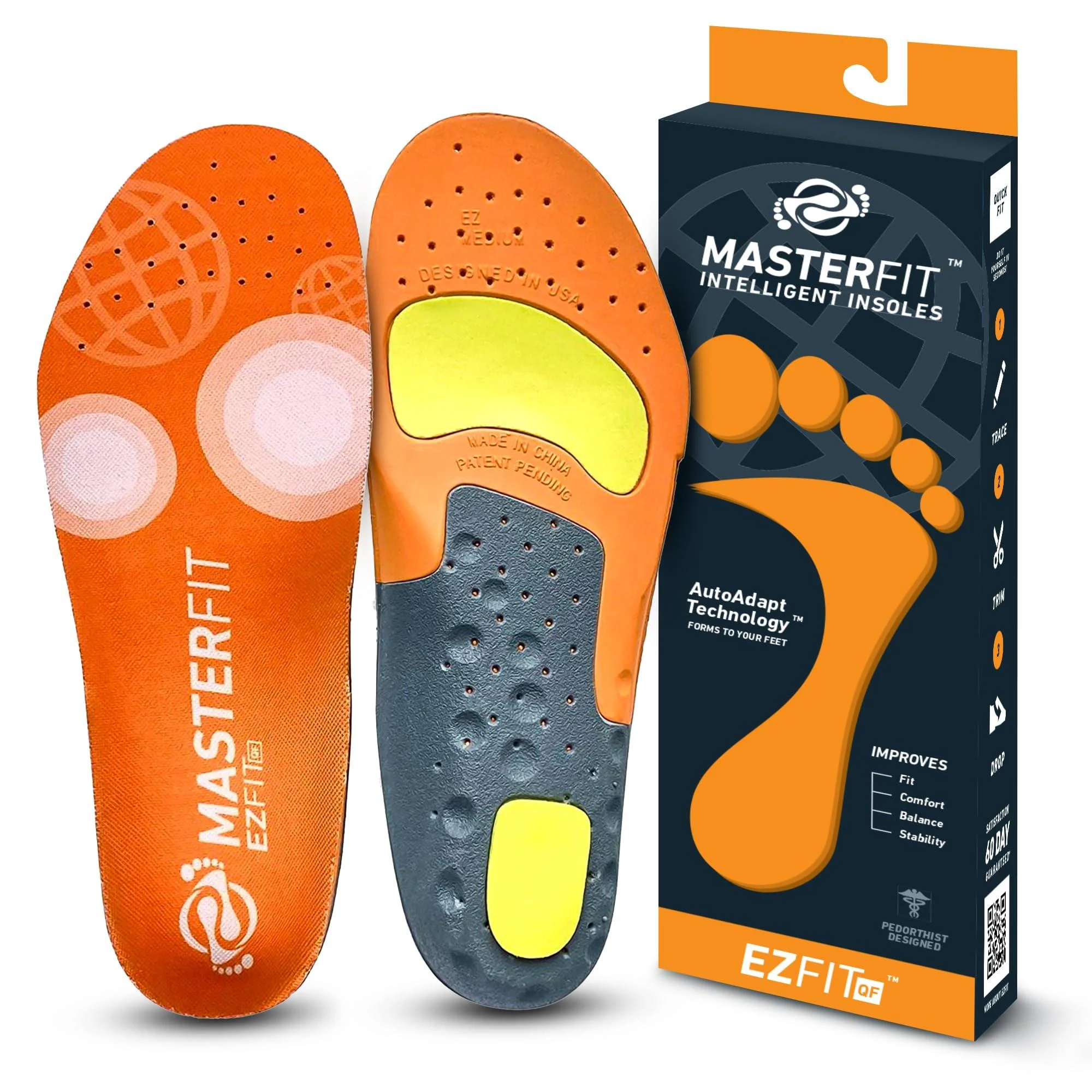EZFit QF Universal Insoles - Custom Comfort for Men & Women's Work Boots Running Shoes Cleats Arch & Heel Support Plantar Fasciitis Relief - Sports Shoe Inserts - Regular/X-Large Regular Volume X-Large